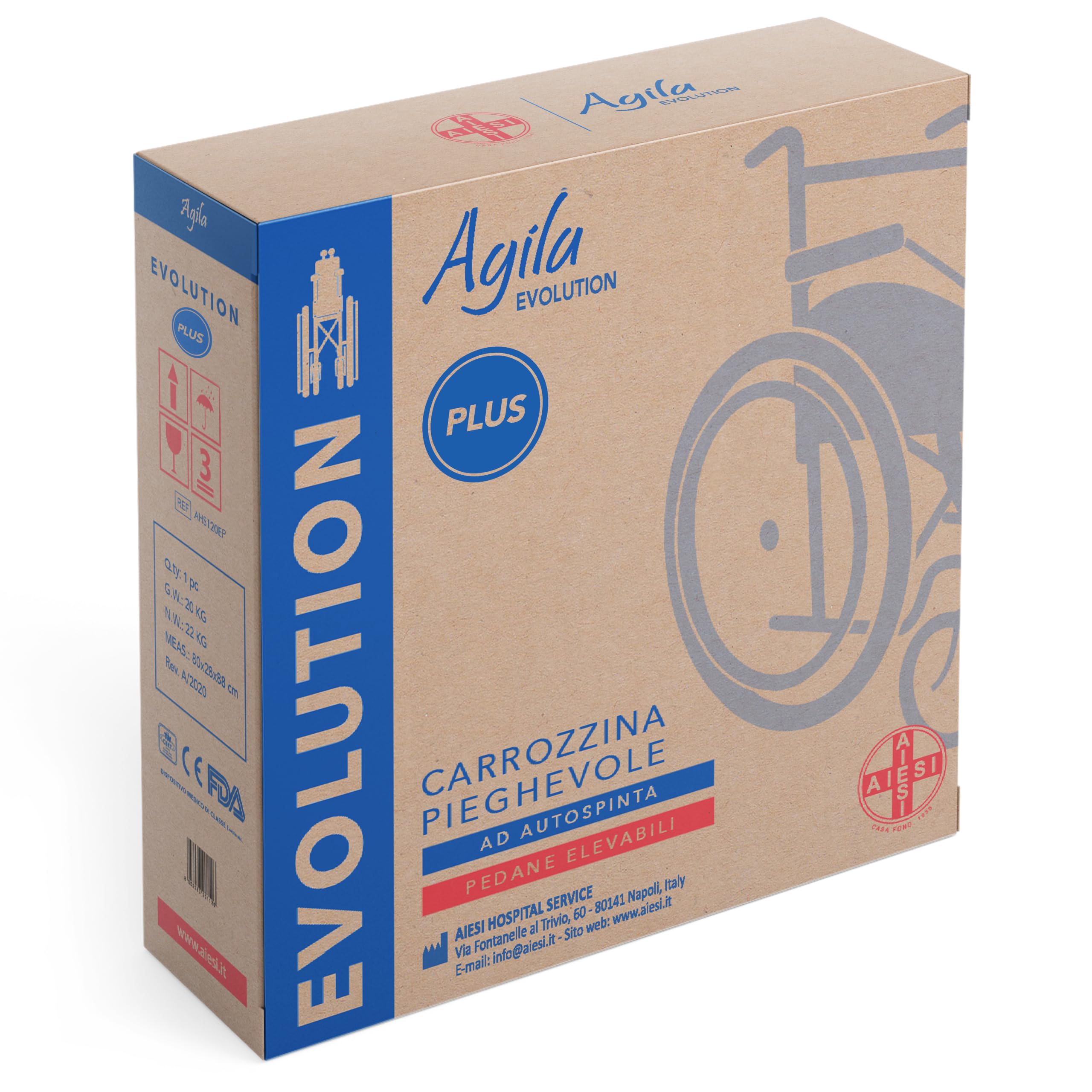 AIESI® Silla de Ruedas ligera plegable con reposapiés elevables ajustables AGILA EVOLUTION PLUS, Reposabrazos extraíbles, Cinturón de seguridad, Bomba de inflado, Garantía 24 meses