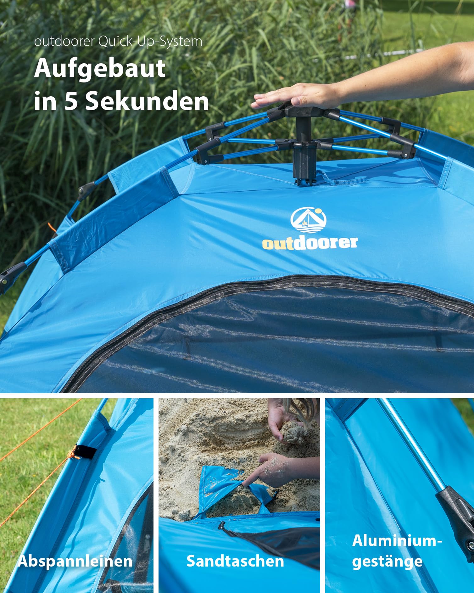 outdoorer UV 80 Automatik-Strandmuschel Sun Snapper Alu Air - ultraleichtes Strandzelt mit UV Schutz 80, Insektenschutz