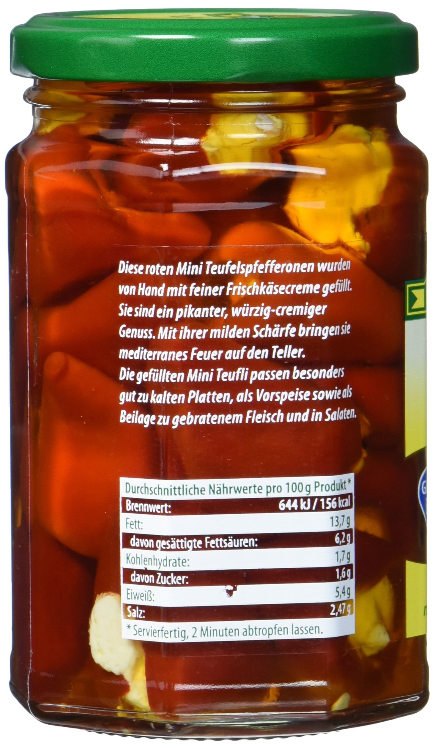 Feinkost Dittmann Mini Teufli - Pfefferonen rot gefüllt mit einer Frischkäsezubereitung Glas, 5er Pack (5 x 275 g)