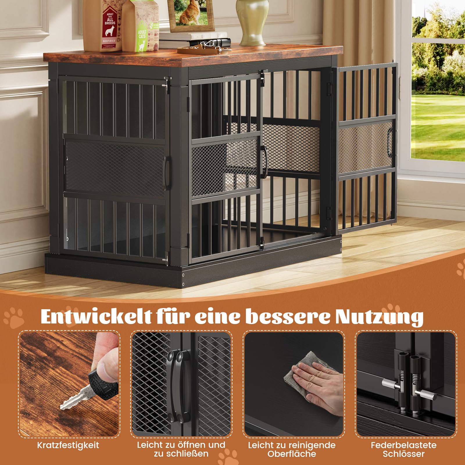 Hundekäfig Möbel, 104 cm Großer Hundebox für den Hausgebrauch, Modernes Indoor Holz-Hundekäfig, Doppel-Tür-Design, Bissfest, Geeignet für Kleine/Mittelgroße/Große Hunde, Schwarz, 104x51x78 cm