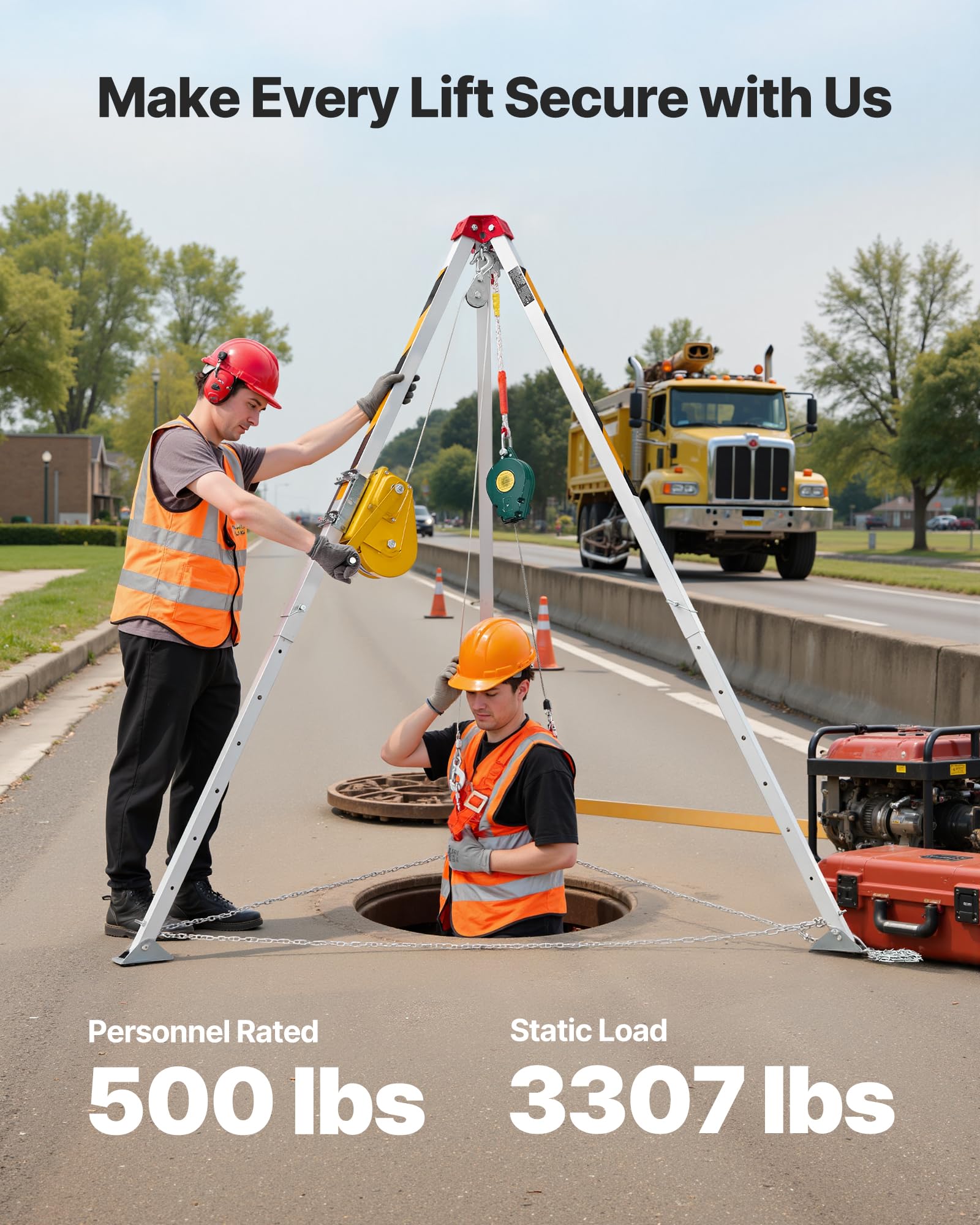 VEVOR Kit de Trípode de Rescate para Espacios Confinados, con Cabrestante 1179 kg, Patas Ajustables de 1,45 m, Cable de 30 m, Protección Anticaídas de 10 m, Altura de Trabajo de 1,6 a 2,45 m