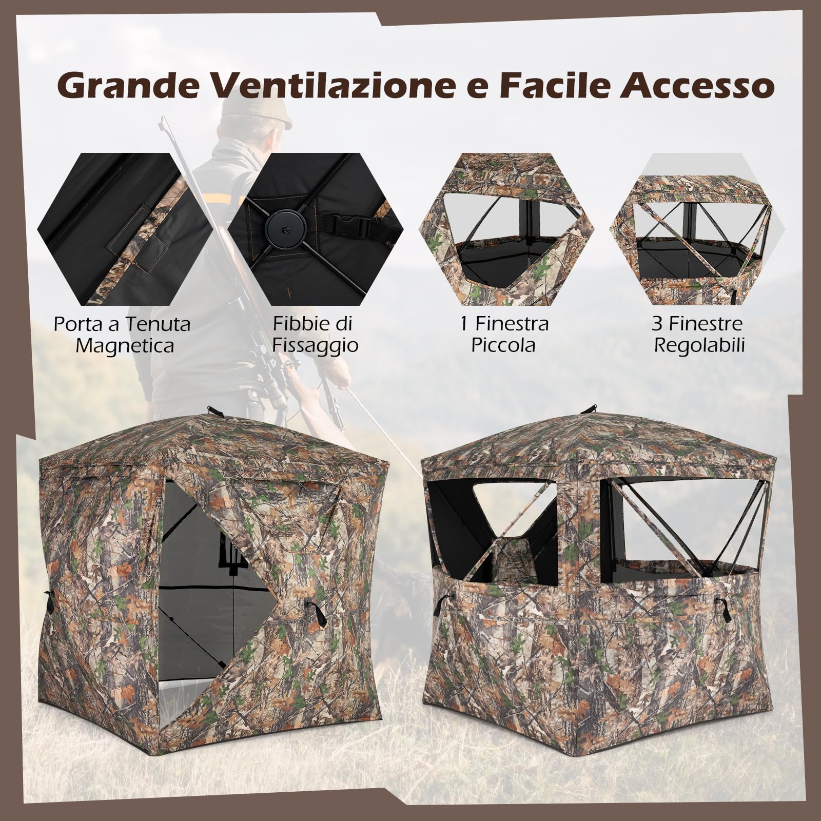 COSTWAY Tenda da Caccia per 2-3 Persone, Tenda Mimetica a 270° per Caccia, Tenda Pop-Up Camouflage con Porta Magnetica Silenziosa, 4 Finestre e Borsa da Trasporto, 146 x 146 x 170 cm