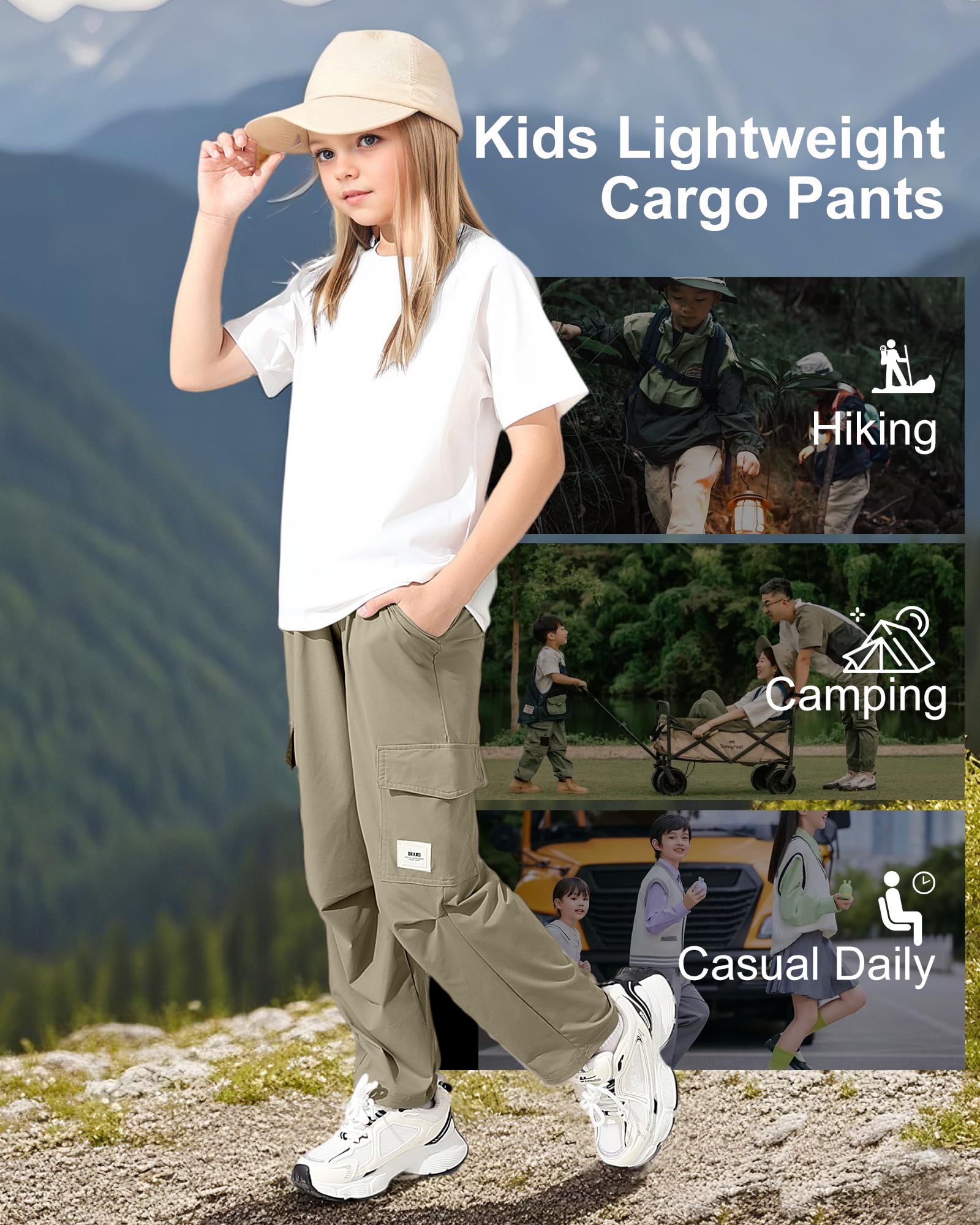 Rolanko Pantaloni cargo per ragazzi ad asciugatura rapida, leggeri, con elastico in vita, con tasche, per sport all'aperto