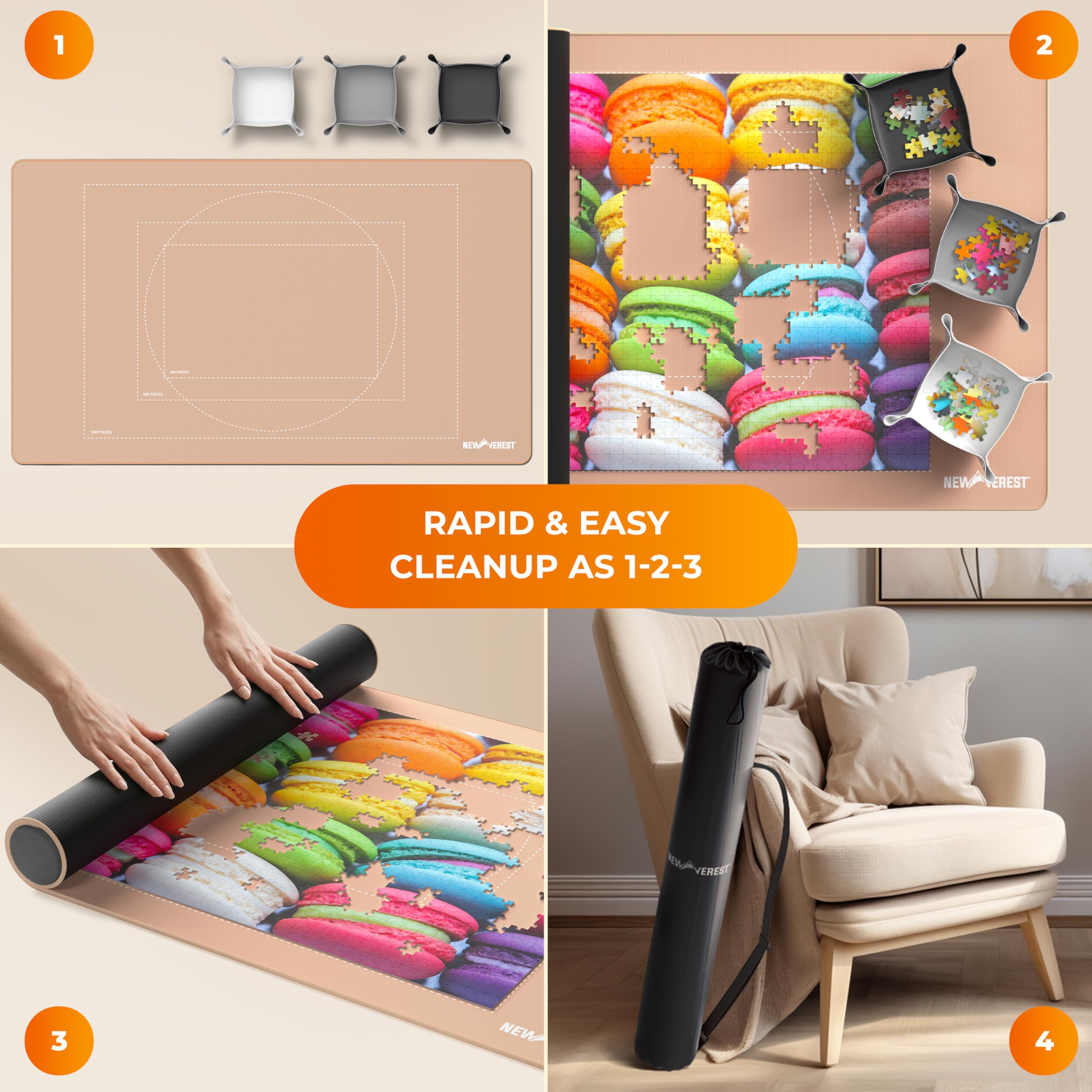 Newverest Tapis puzzle enroulable 100 x 60 cm – Peut contenir jusqu'à 1000 pièces, dessous antidérapant et surface lisse + 3 bols de tri et sac de transport pour les voyages