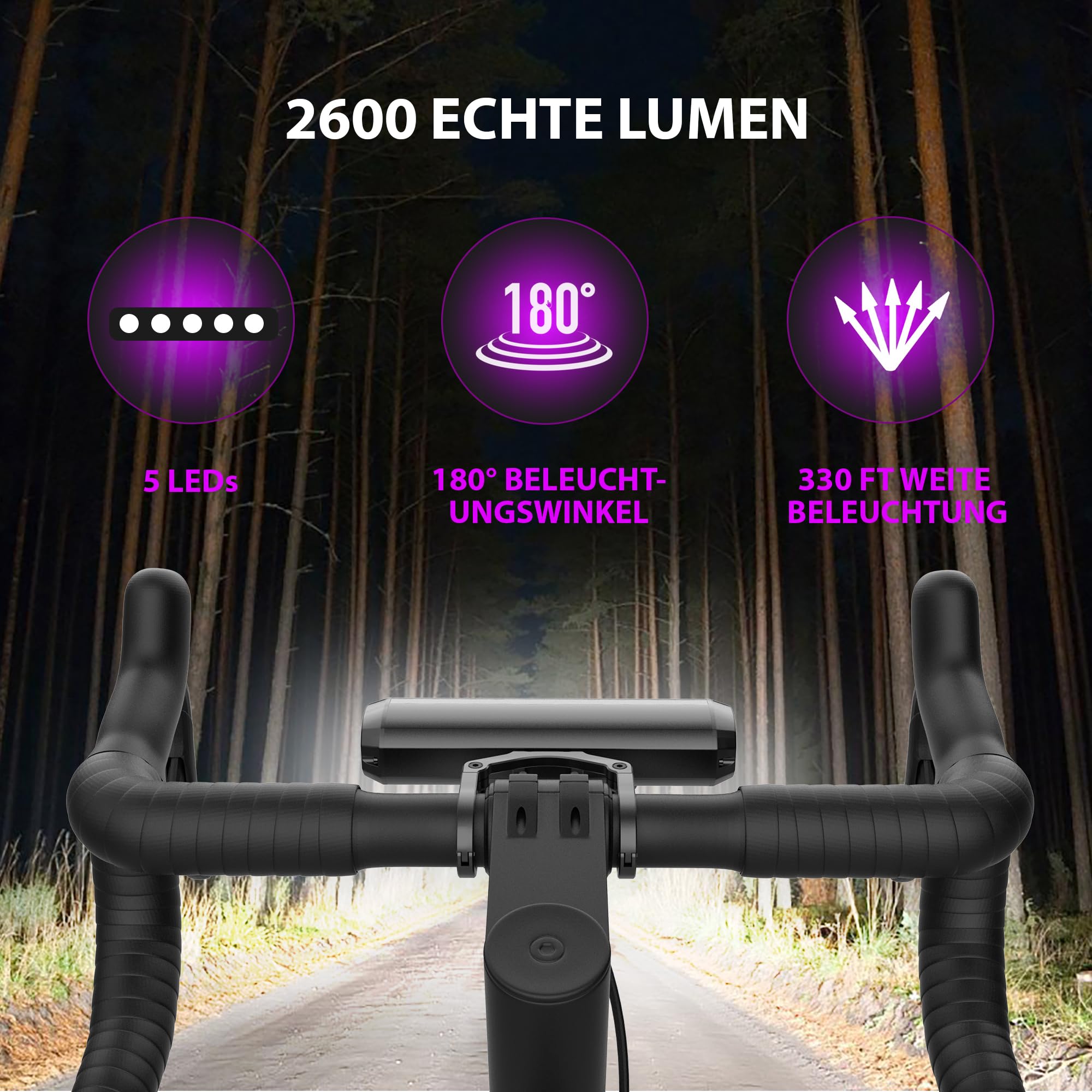 UPPEL Luce per bicicletta, 5 LED, 4 modalità di illuminazione, LED USB C, porta di ricarica, 2600 lumen, 8000 mAh, luce anteriore regolabile, in alluminio, facile installazione per la guida notturna
