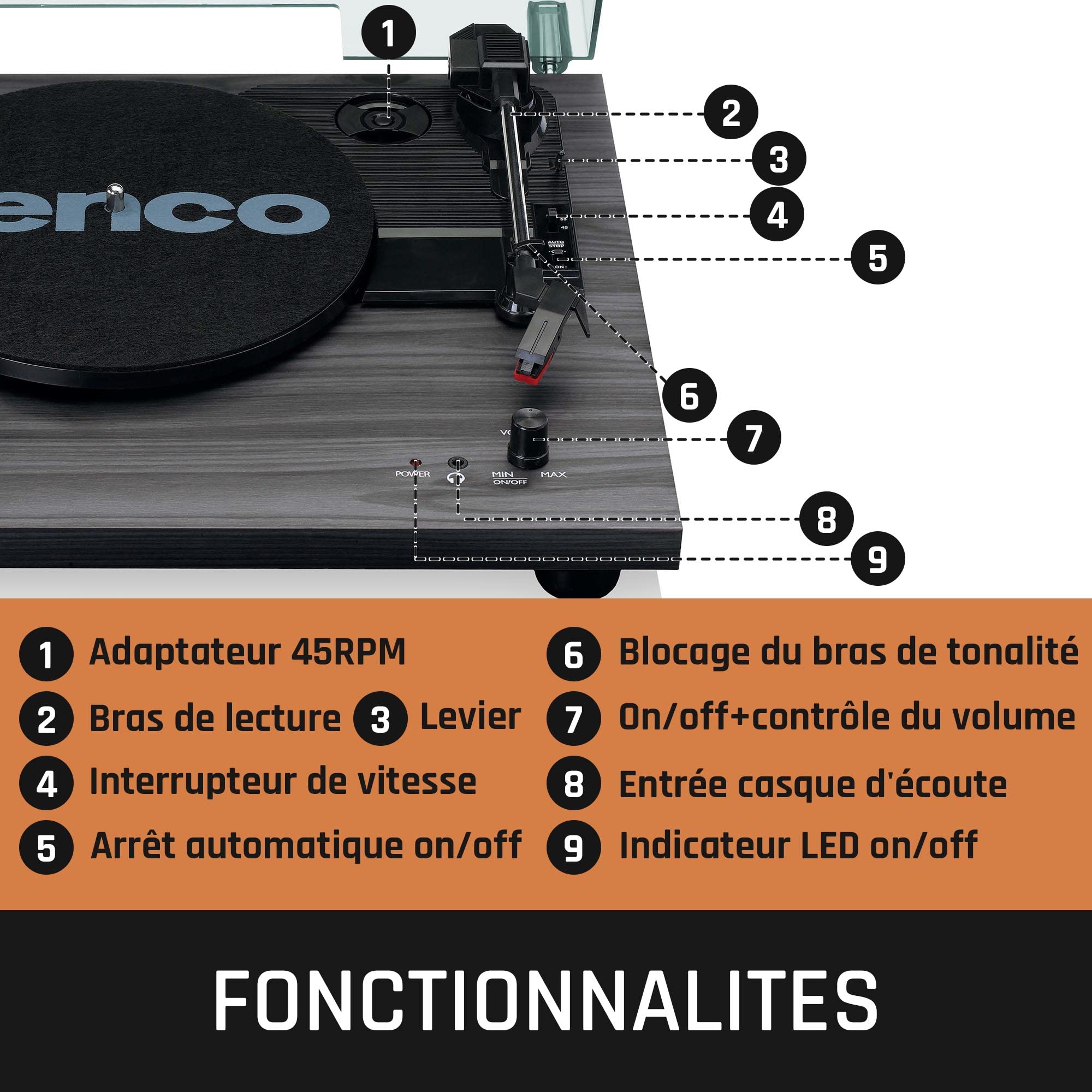 Lenco LS-10 Tourne-disque Lenco - Tourne-disque avec haut-parleurs intégrés - Entraînement par courroie - Vinyle - Vitesses 33 tours et 45 tours, Noir, 2 x 3 Watt