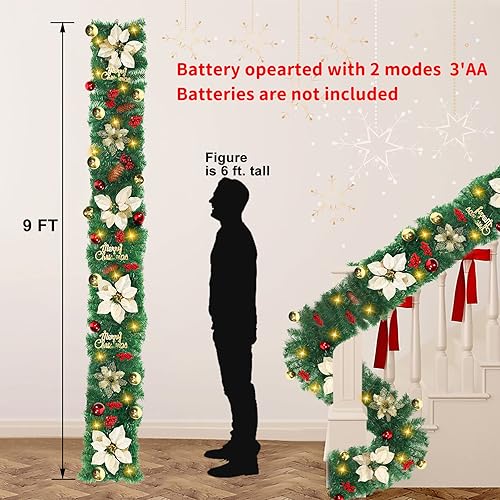 Miniatura 2 de JUNEBRUSHS Guirnalda de Navidad de 9 pies con luces, guirnalda decorativa con 50 luces LED, funciona con pilas, ratán verde artificial preiluminado
