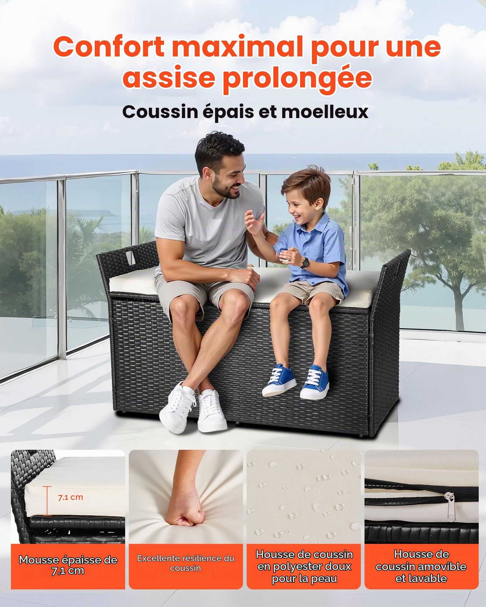 VEVOR Banc de Rangement Extérieur en Rotin Synthétique Coffre de Jardin 340 L Banc de Terrasse avec Coussin, Capacité Charge 362,9 kg, Poignée Latérale, Siège d'Extérieur pour Patio, Jardin, Balcon