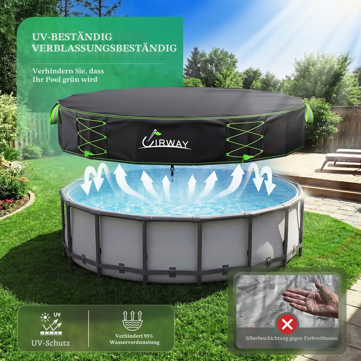 UIRWAY Poolabdeckung Rund 549 cm, Robust & reißfest 600D Oxford Gewebe Pool abdeckplane Winddicht mit Kordelzug mit Ratschen-Arretierung und rutschfesten Riemen, UV-Schutz