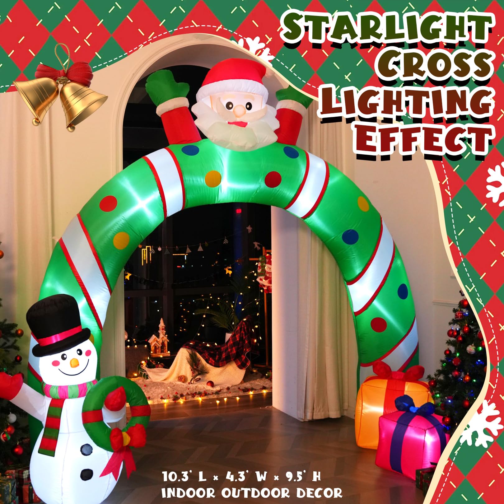 Arche gonflable de Noël de 3 m - Décoration extérieure géante - Père Noël - Avec bonhomme de neige et boîte cadeau - Effet d'éclairage LED en croix intégré pour Noël, fête, cour, jardin, pelouse