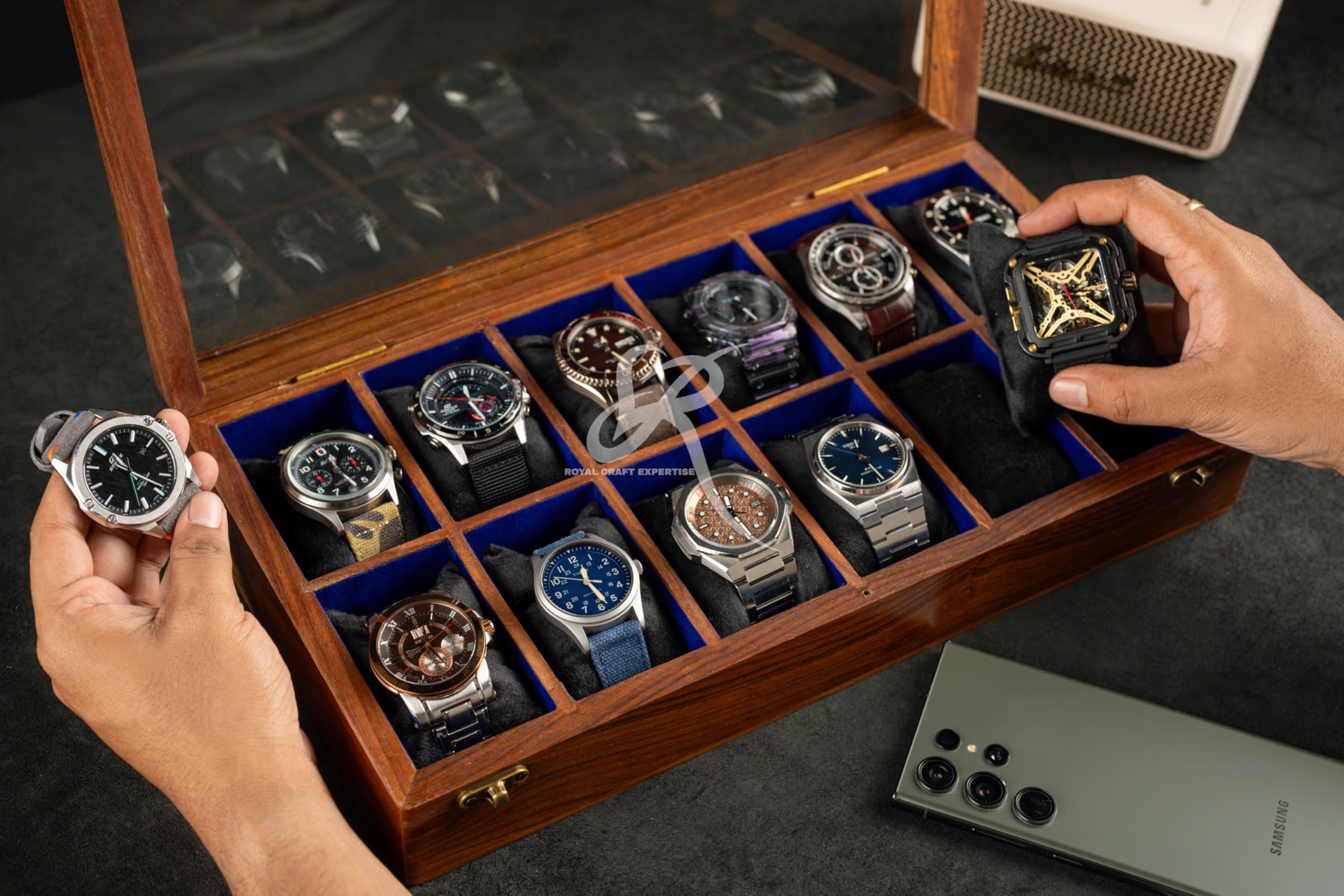 Mens watch box, Watch display case, Indian Rosewood watch box organizer for men, Velvet lining glass lid, Solid Gift for Him, Made for Special Occasions (Dark brownn - 12 room)