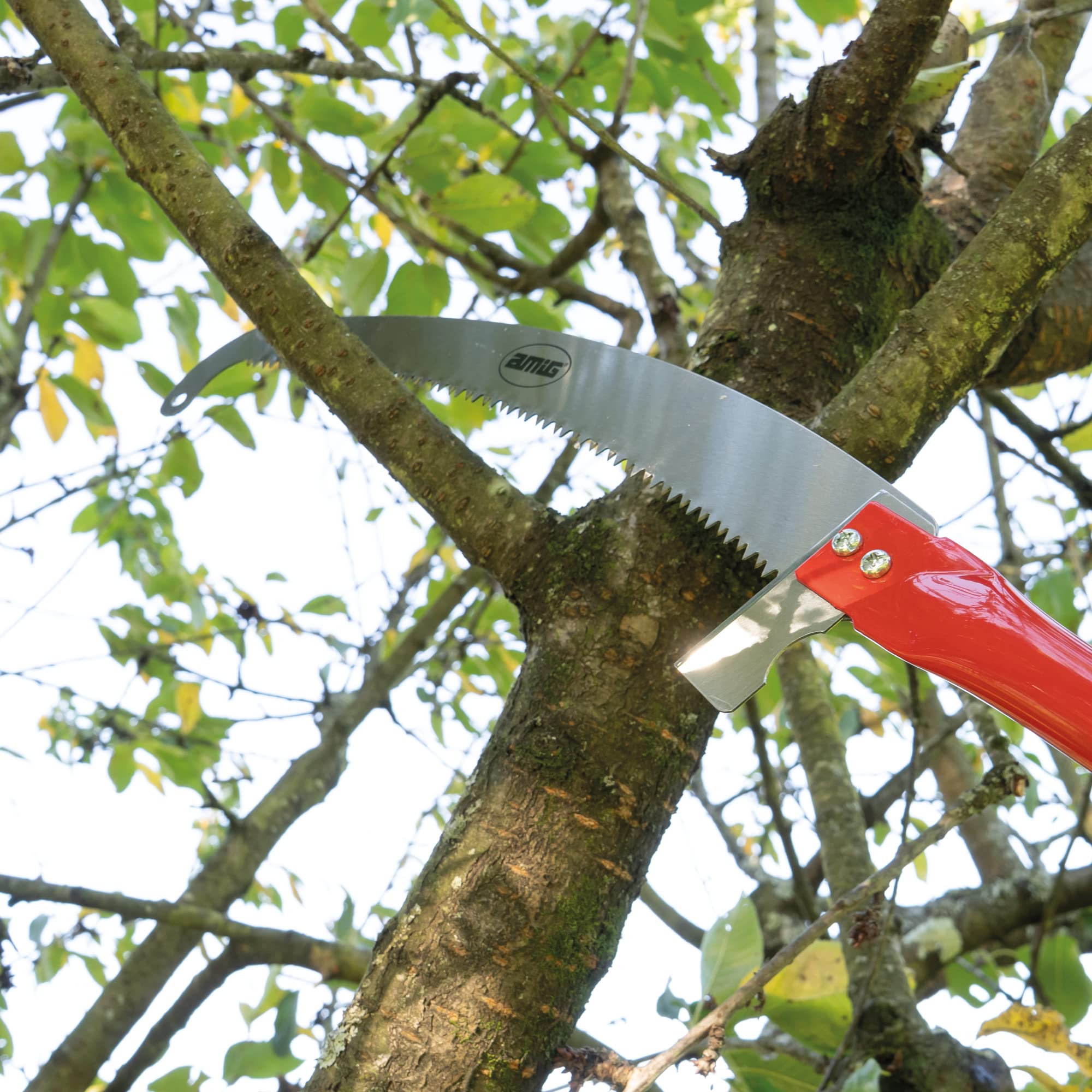 Amig - Serrucho de Poda en Altura - Hoja de Acero de 410 mm - Mango tubular de Acero con Agujero - Uso con Pértigas de Ø25 mm - Sierra de Mano para Cortar Ramas y Troncos Altos - No Incluye Pértiga