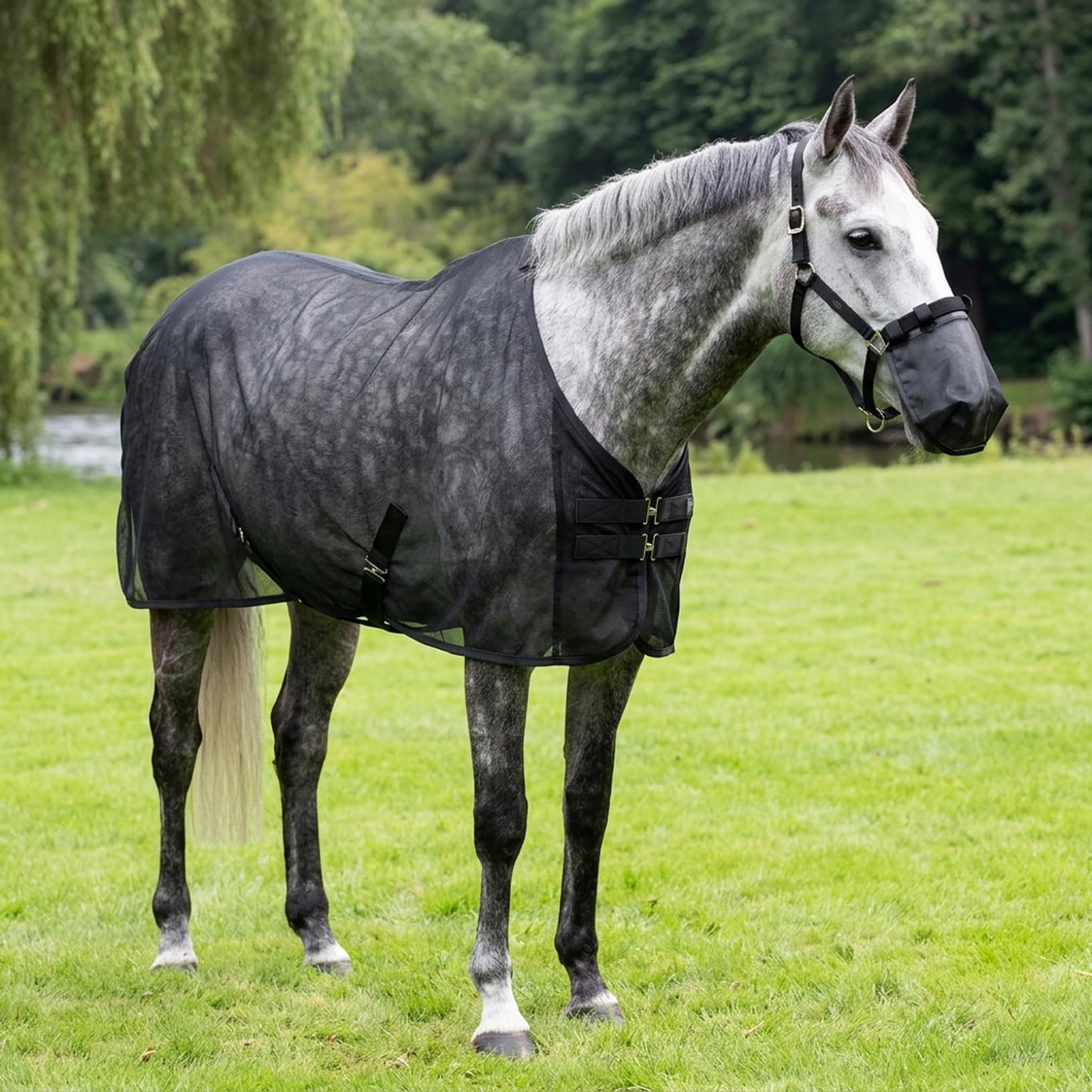 Sábana antimoscas de Malla Ajustable con Cubierta para la Nariz Protección Transpirable contra Insectos de Verano para pastos y mosquiteras para Caballos, Negro, 187 cm/73, 62 Pulgadas, Sábana para