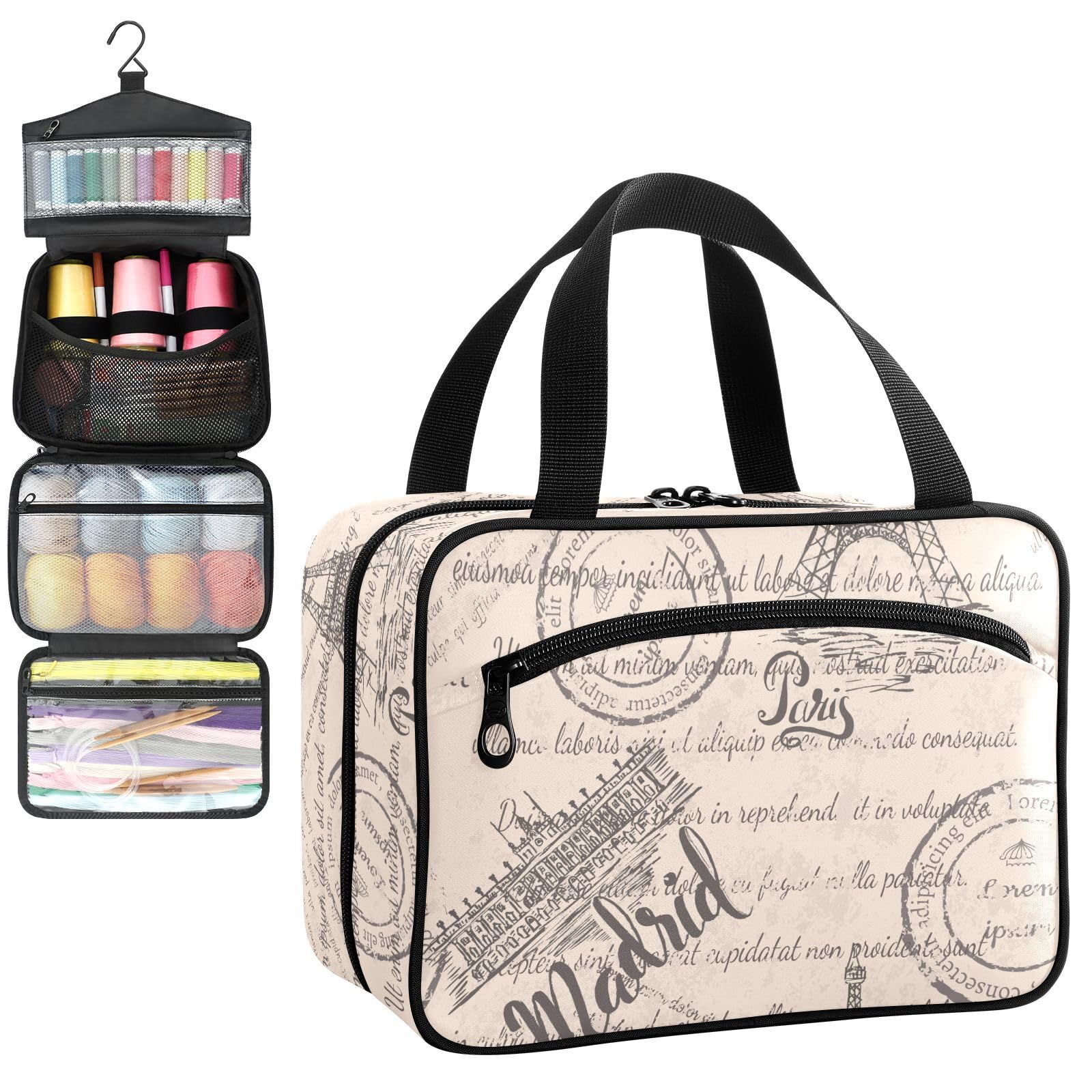 YNNALE Sewing Supply Organizer Bag, Vintage Eiffel Tower Pattern Paris France Portable Sewing Bags with Pockets&Hanger, Sewing Storage Box Case for Sew Supplies/Kit/Tools/Accessories (BAG ONLY)