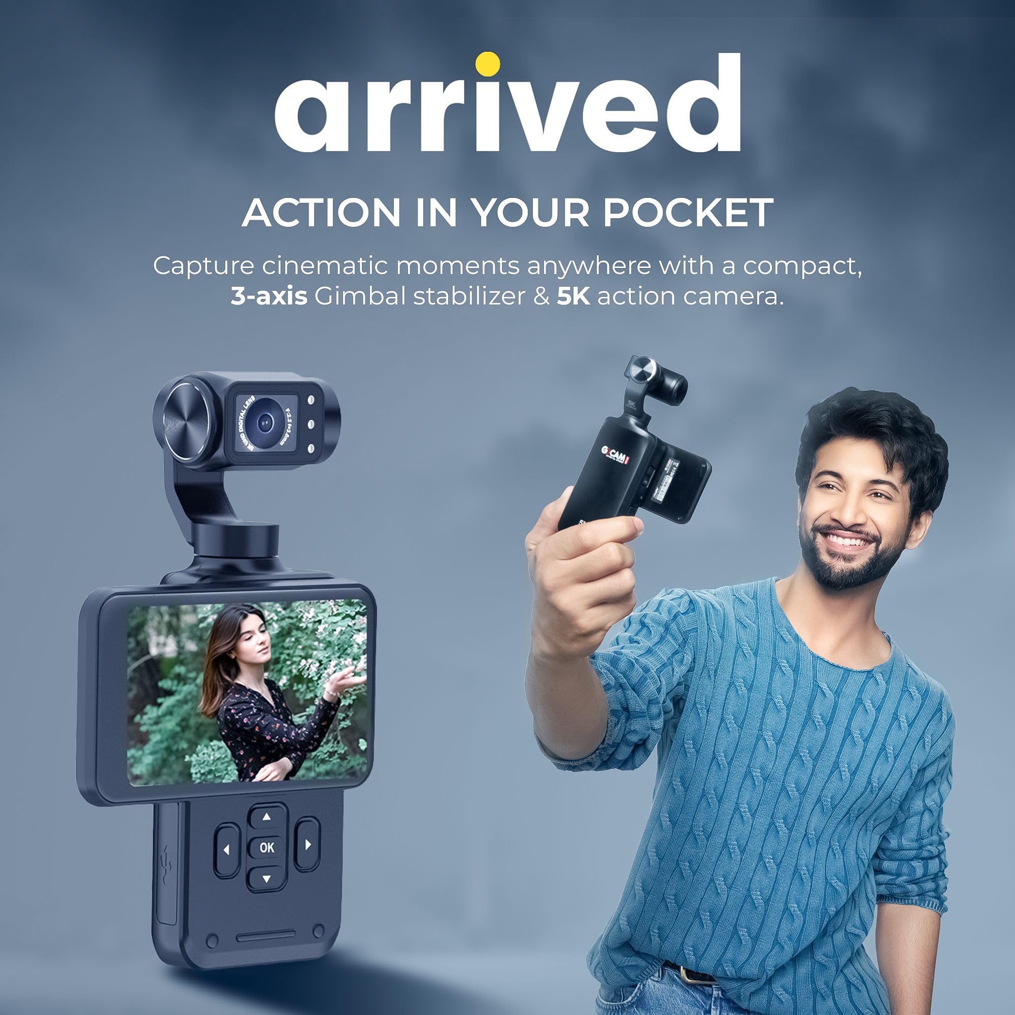 Digitek (DAC 202 5K 3-Axis Handheld Action Camera with AI Face Tracking, 3.5β Rotating Screen, 48MP Sensor, Wi-Fi, Night Vision & External Mic Support