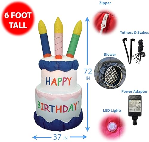 Miniatura 2 de Pastel inflable de feliz cumpleaños de 6 pies de alto con 4 velas para interiores y exteriores, luces LED, decoración de patio iluminada, decoración