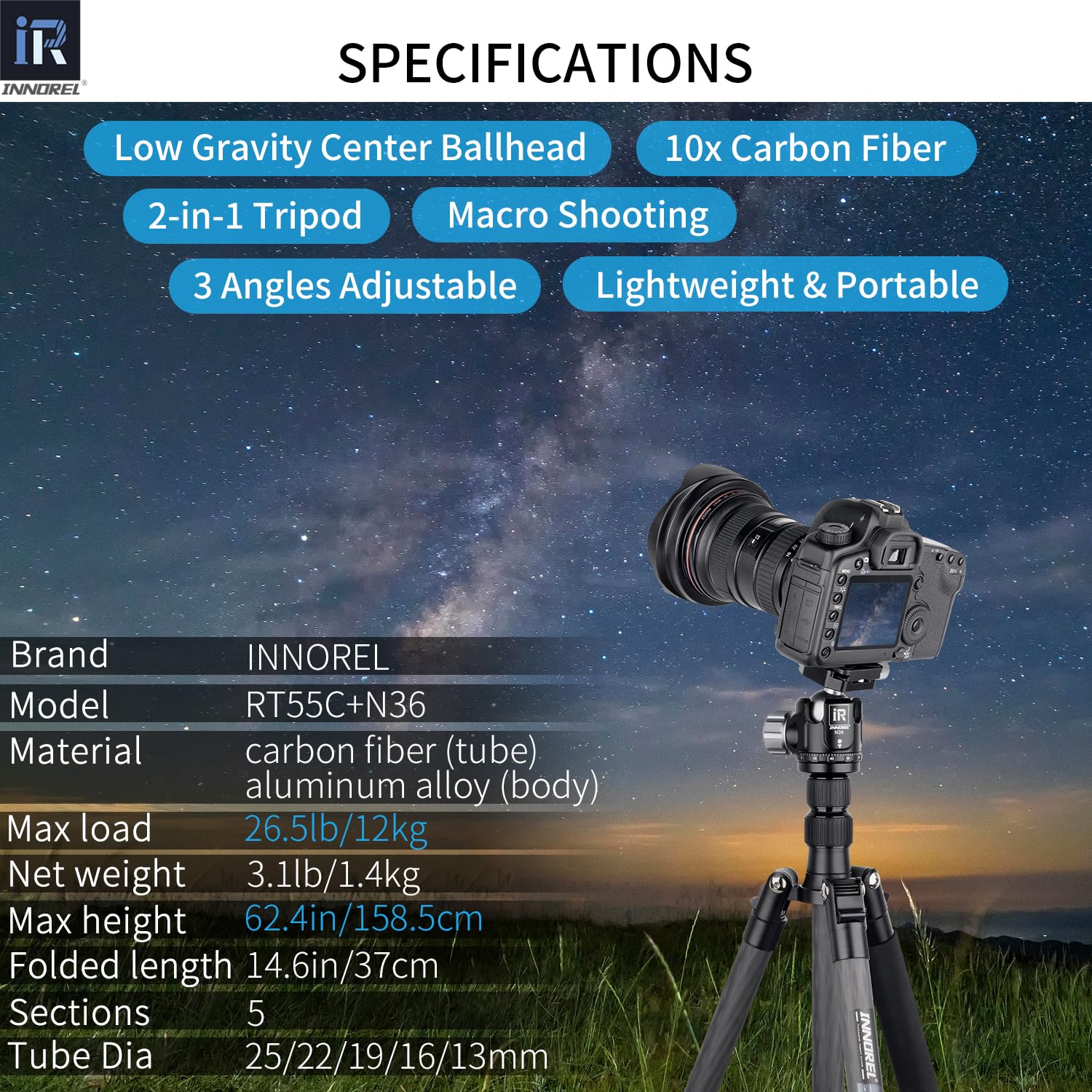 INNOREL 157.5 cm 10 warstw monopod statywu do aparatu z włókna węglowego z 360-stopniową głowicą kulową o niskiej grawitacji, dwie płytki do szybkich butów 1/10.2 cm, torba do przenoszenia lustrzanki