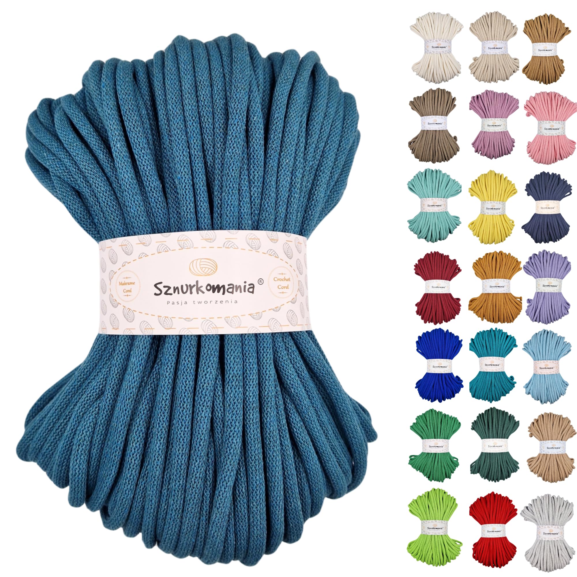 Sznurkomania, Cotton Cord 9 mm 50 m, Many Colours, Macrame Yarn, Cotton Yarn, Braided Cotton Cord 9 mm with Core, Crochet Cord, Crochet Bag (Maritime)