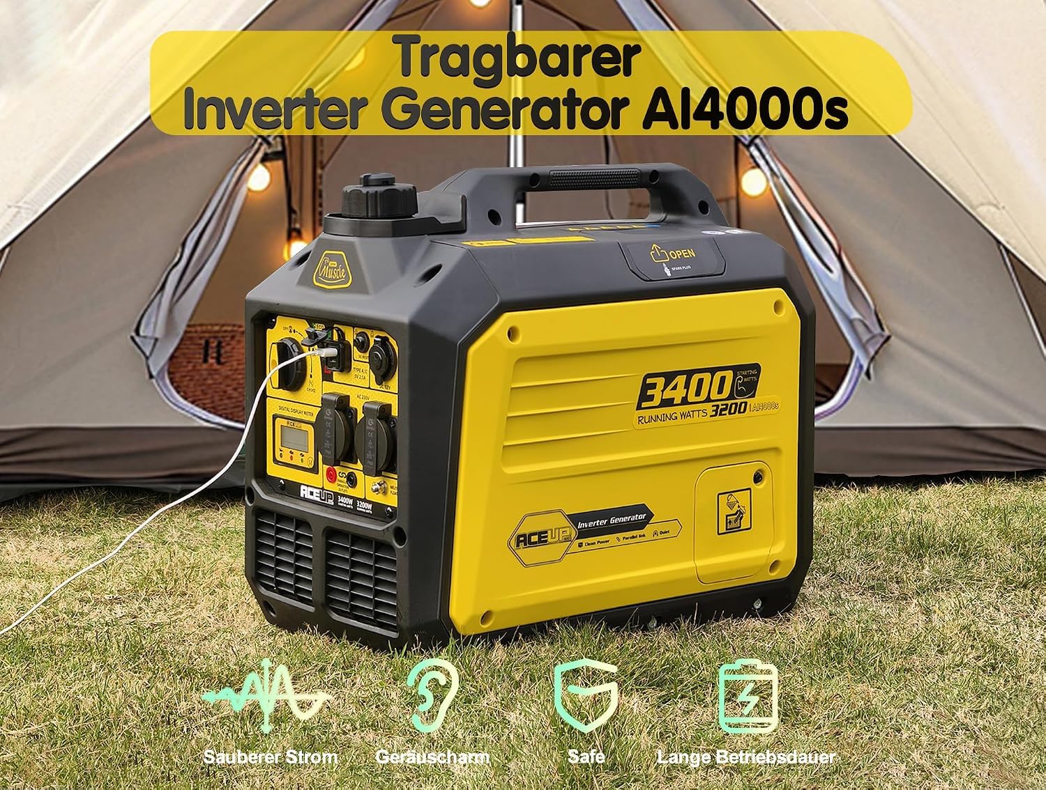 Aceup Energy Agregat Prądotwórczy Inwerterowy 3400W – Czysta Sinusoida, Lekki 23kg, Generator Prądu z Silnikiem 4-Suwowym OHV, USB-C, na Kemping i Awaryjne Zasilanie Domu
