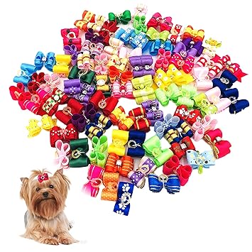 JpGdn 50pcs Cute Dog Hair Bows Topknot with Rubber Bands Pearls Bows Pet Hair Accessories Assorted Color Random