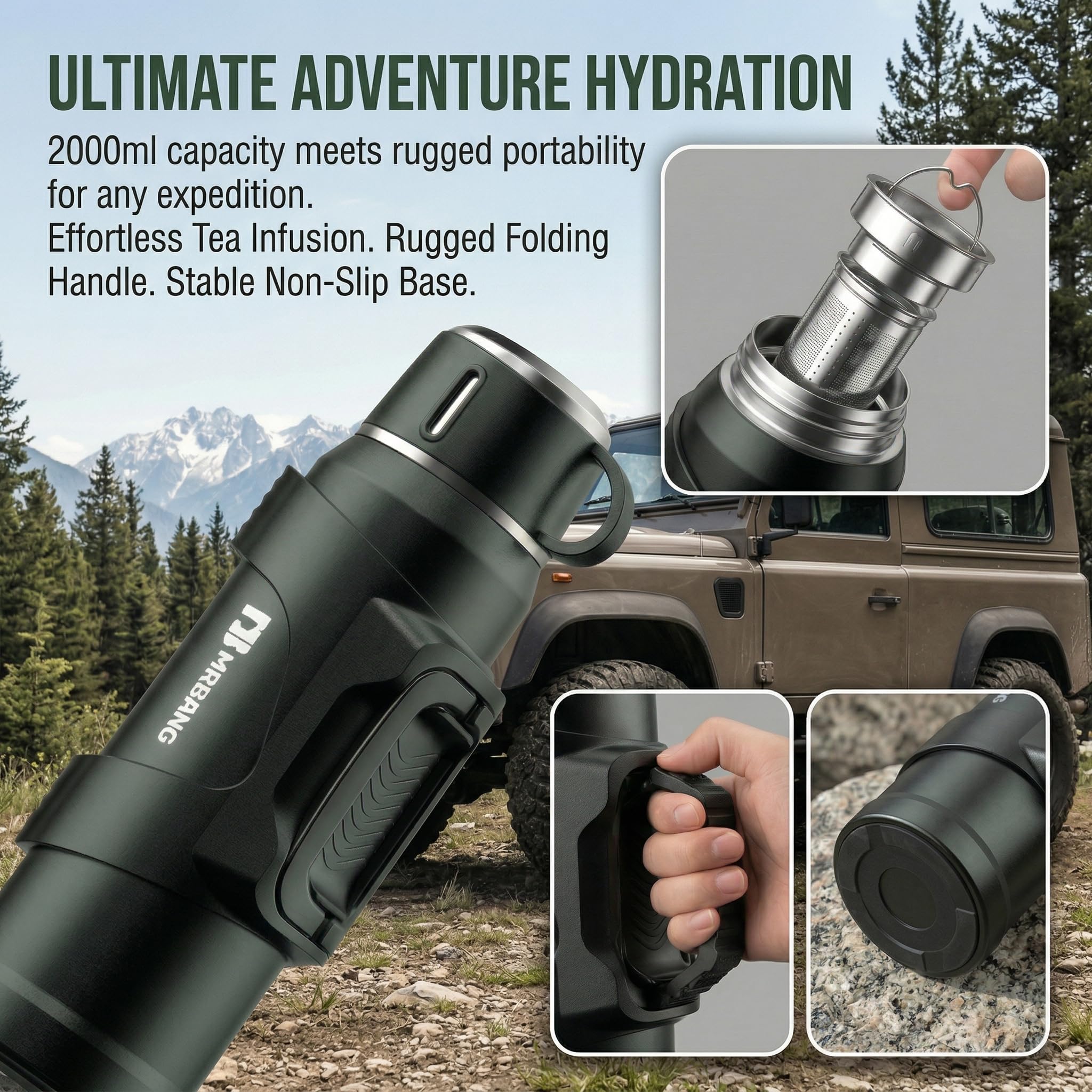Termo de 2 litros, con vaso, de acero inoxidable, mantiene el calor durante 24 horas, para exteriores, viajes, camping, pesca, verde