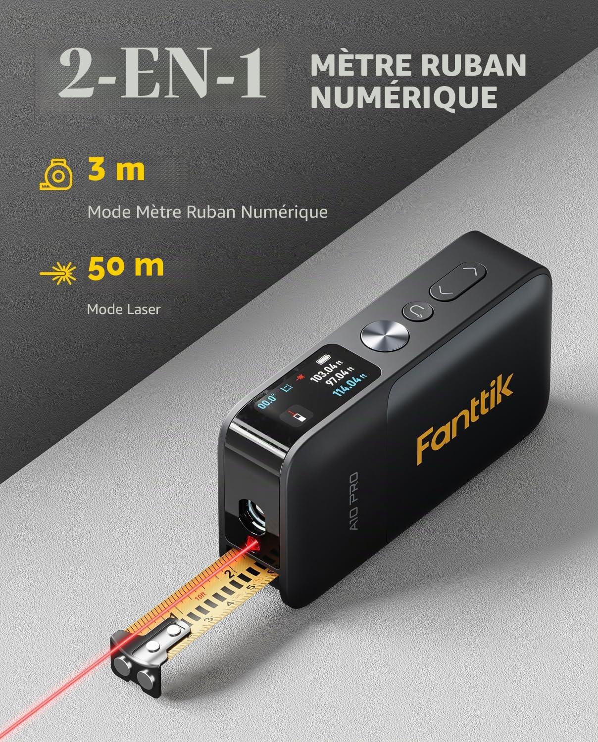 Fanttik A10 Pro Mètre ruban laser numérique 2 en 1 pour distance/zone/volume