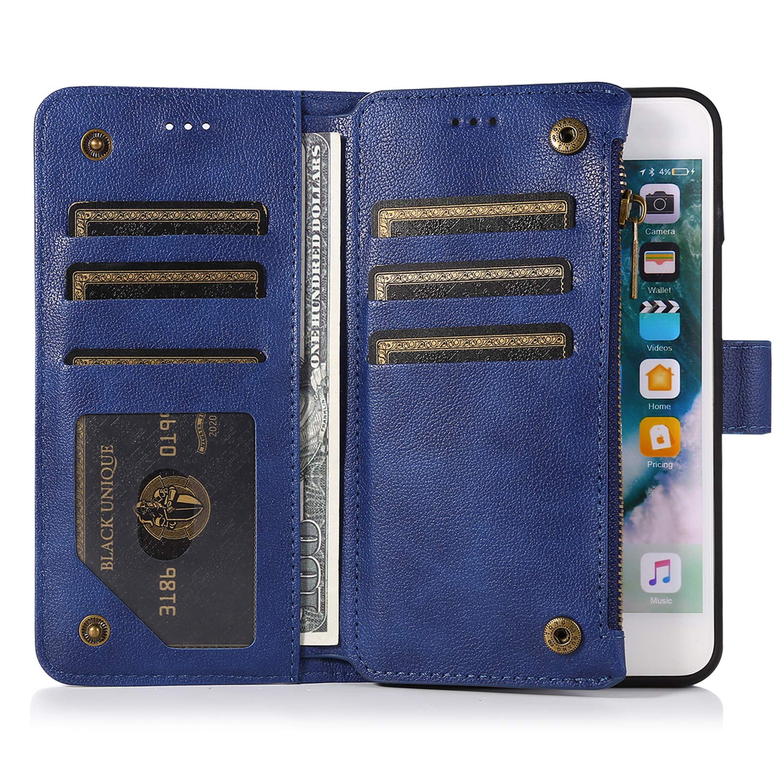 QLTYPRI Custodia A Portafoglio Per IPhone 7 Plus / 8 Plus | Pelle Con 6 Slot Carte E Cerniera | Cinturino Da Polso