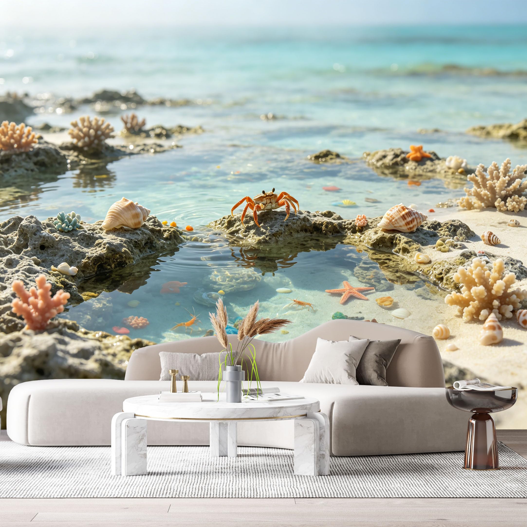 Custom Size Wall Murals Coastal Ocean Marine 3D Crab Seashells Starfish SelfAdhesiveWall Fabric Removable Wallpaper Wall Decor for Living Room Bedroom Bathroom