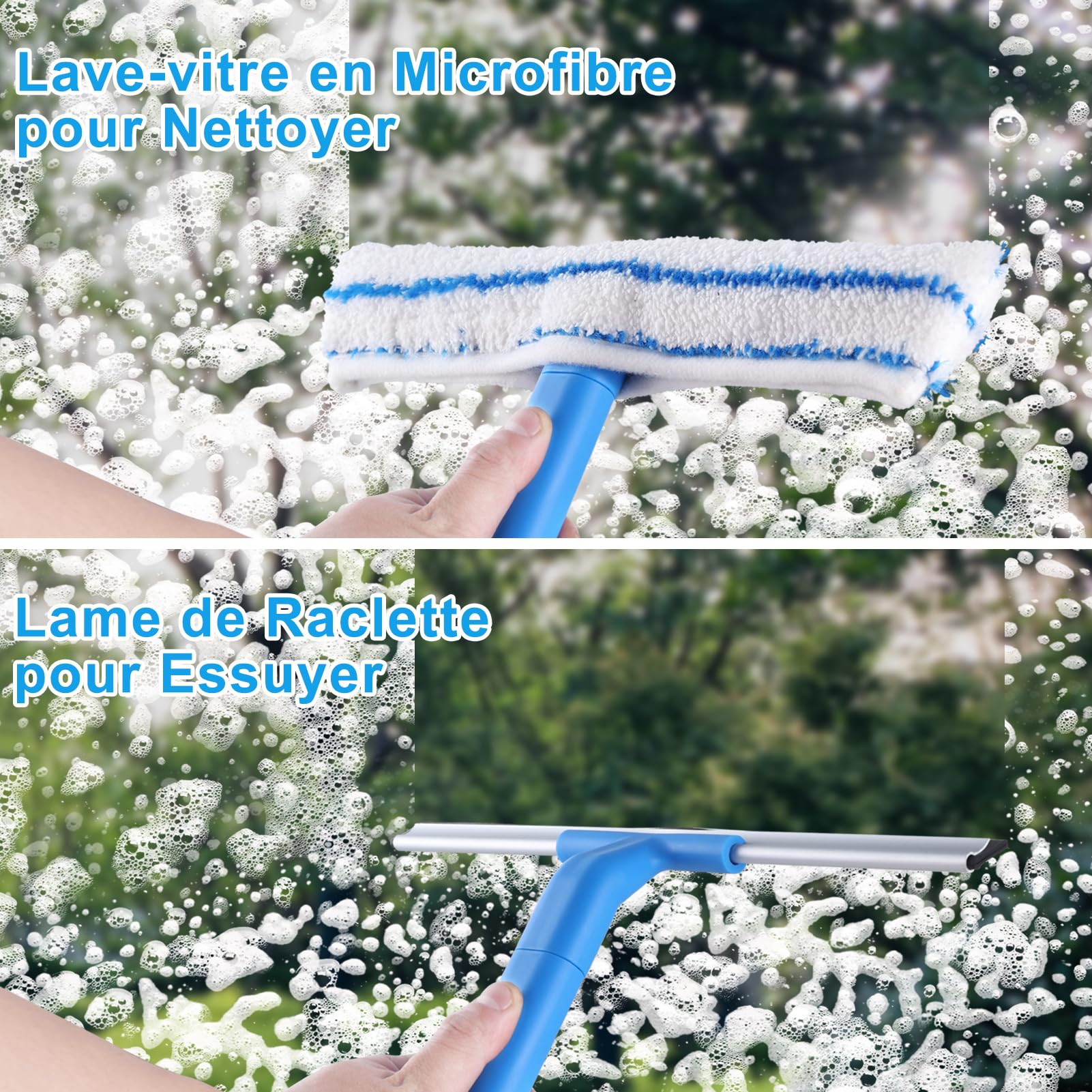 Raclette à Vitres Télescopique 146cm, Nettoyeur Vitre Silicone Brosse Microfibres, Kit Nettoyage Professionnel Fenêtres Voiture