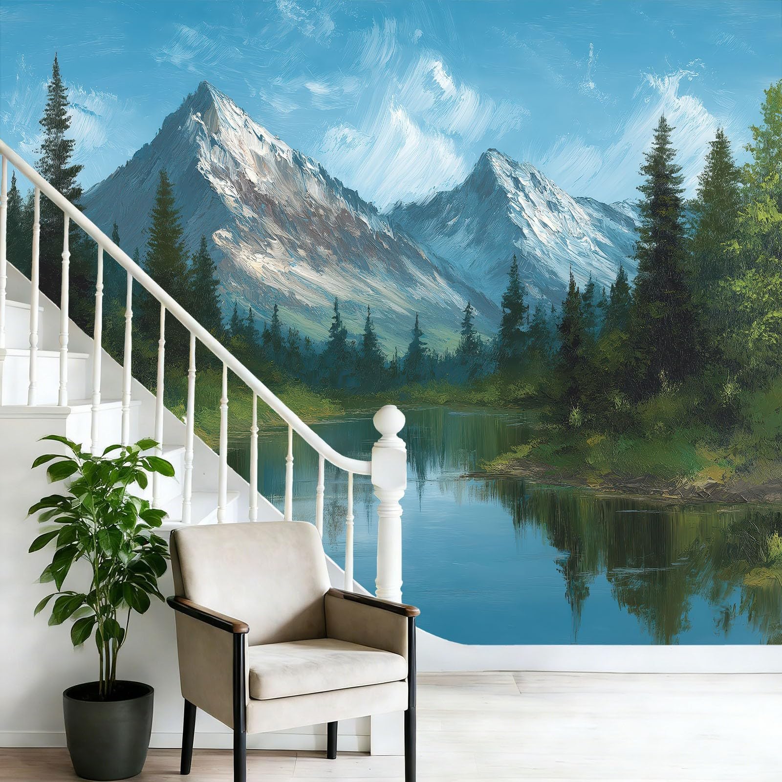 Tapeta z motywem 250 x 175 cm, krajobraz górski w stylu retro jezioro, wesoła tapeta z motywem do pokoju dziecięcego i kącika do majsterkowania, niebiesko-zielona