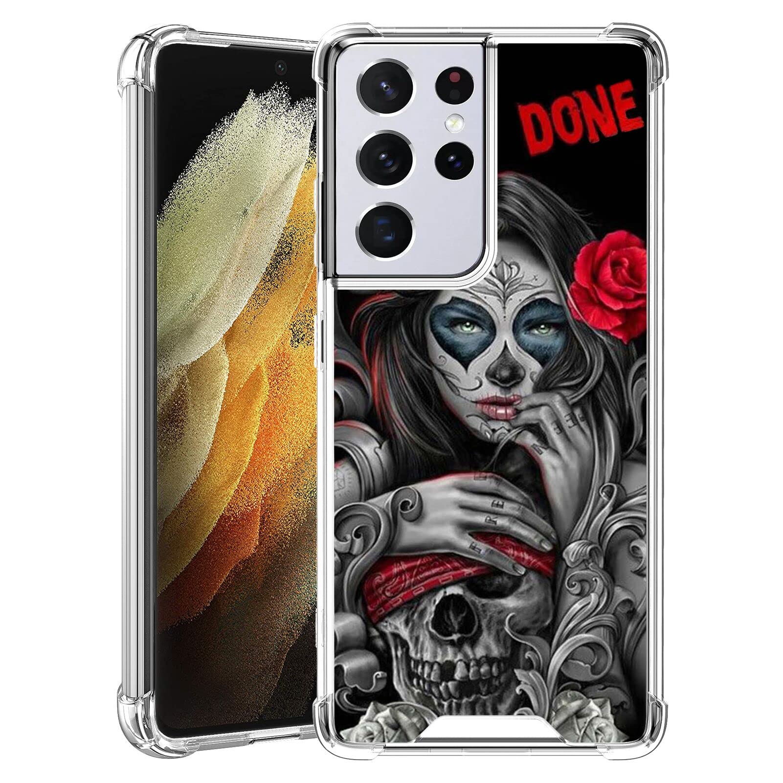 Case for Samsung Galaxy S22 Ultra, TPU Bumper Phone Case Fit Galaxy S22 Ultra (2022) (6.8") Girl and Skull Clear Framework Full-Body Protective Case