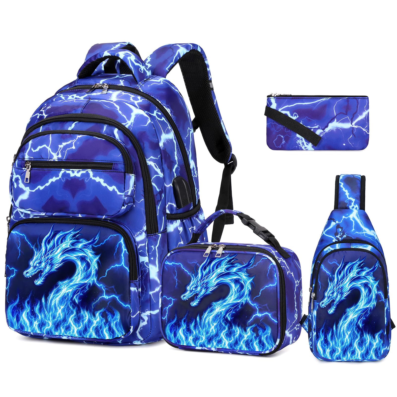 Bevalsa Backpack for Boys, Lightning School Bags with Sling Bag,Lunch Box & Pencil Case for Kids, Bookbag for Boys Teens Elementary Middle High School