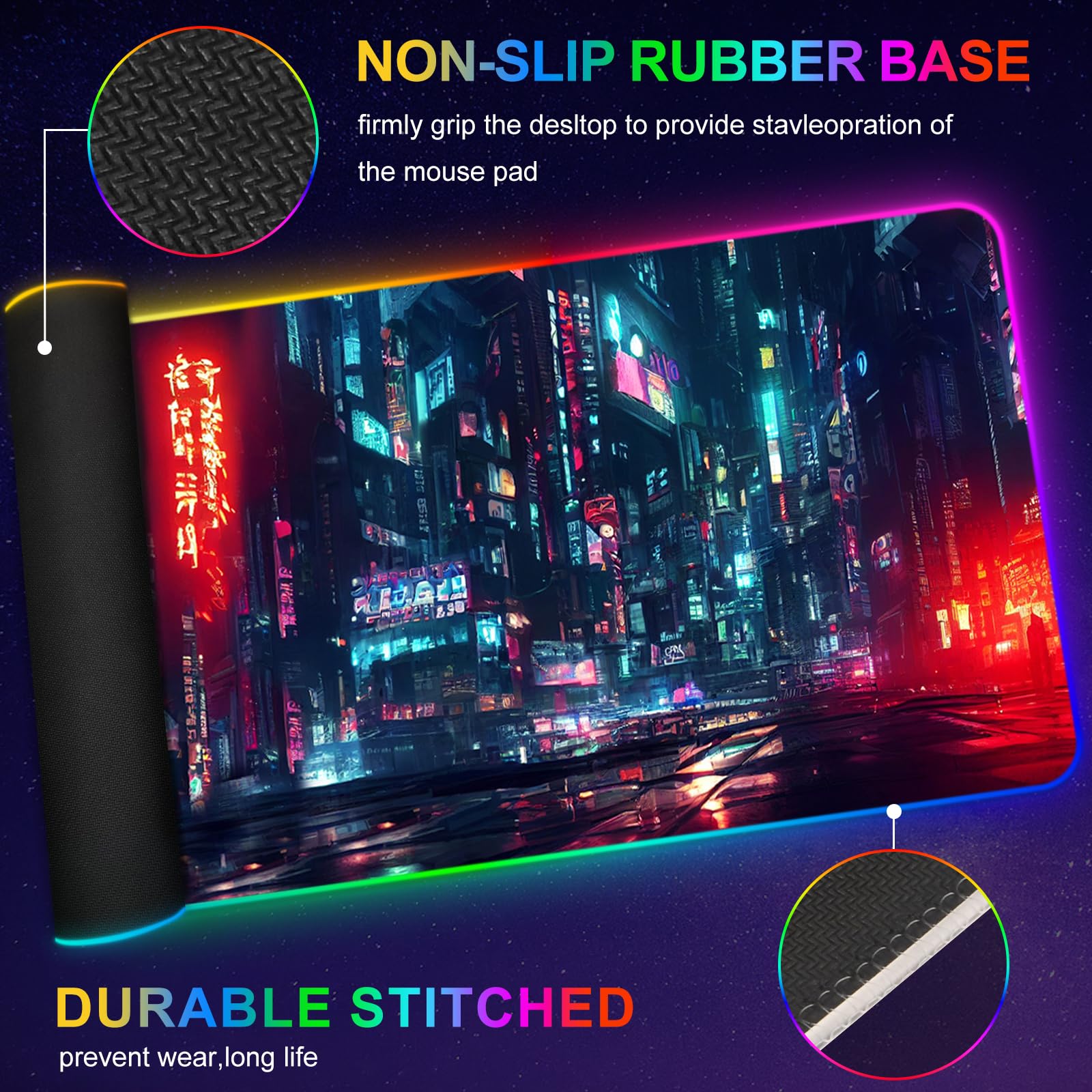 ARTSO Tappetino per mouse da gioco RGB, grande, morbido, esteso, con 14 modalità di illuminazione, 2 luminosità, resistente all'acqua, tappetino per mouse per computer, 89,9 x 40 cm, città notturna
