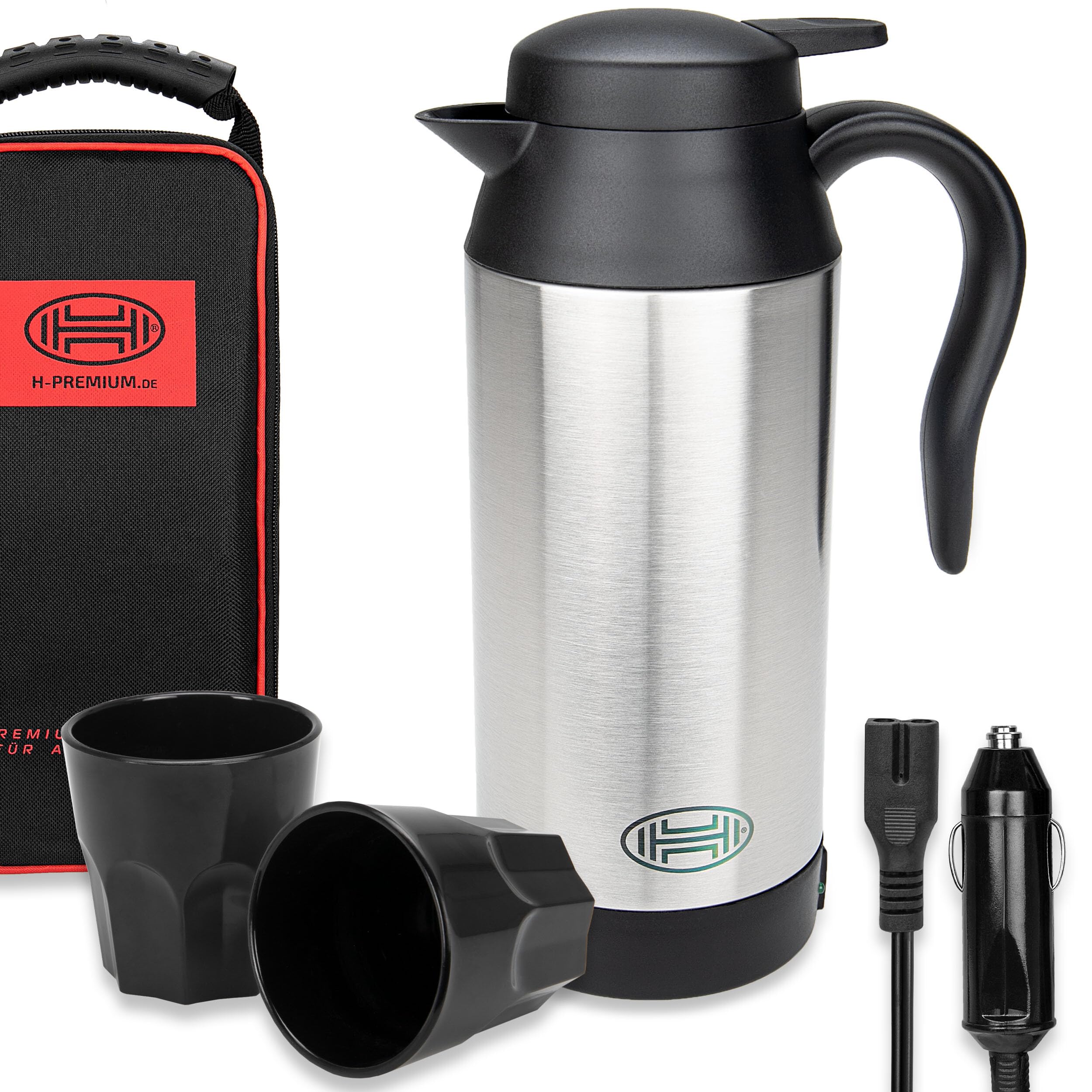 HEYNER® Wasserkocher Auto ThermoVar Black Edition 700ml 12V Tasche Becher | 120 W Leistung Warmhaltefunktion 25 min Kochzeit doppelwandig isoliert Gummidichtung Zigarettenanzünderstecker Stahl silber