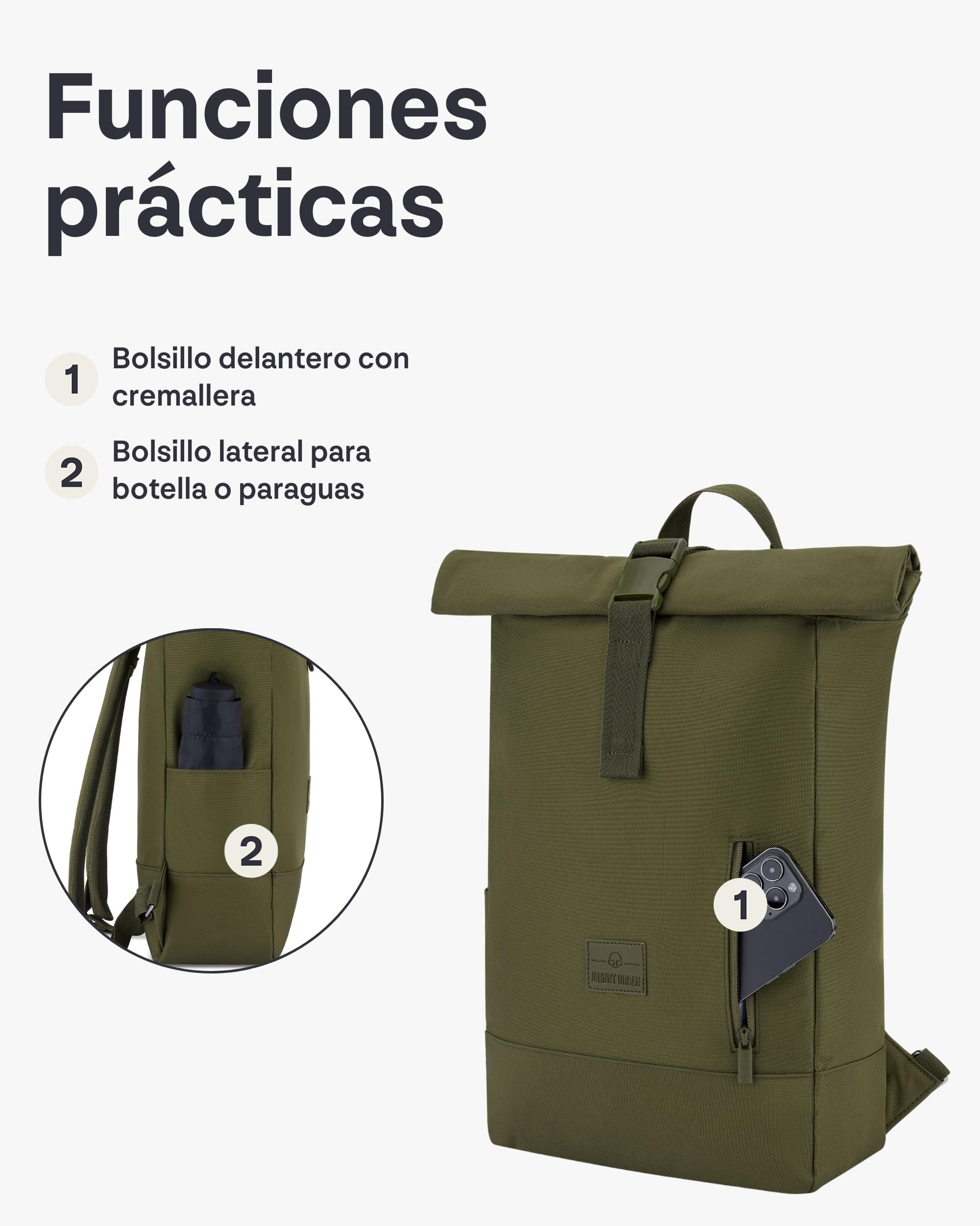 Johnny Urban Mochila Mujer Hombre - Robin Medium - Roll Top Grande para Escolar, Universidad, Trabajo - Compartimento para Portátil - Impermeable