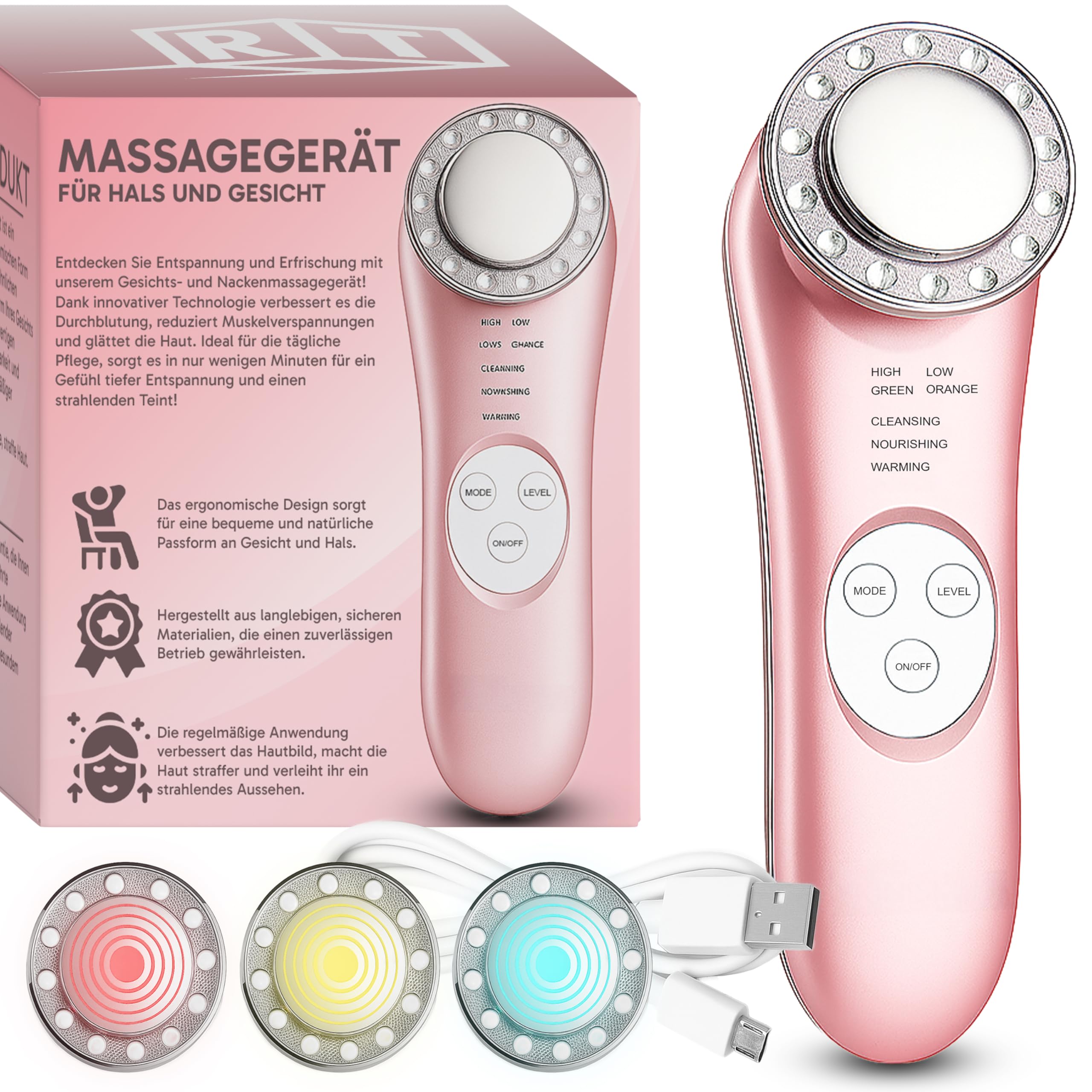 Retoo Electric Skin Care Facial Massager with Heat, Vibration and LED Light Therapy, 3 Modes, USB, Anti-Aging, Skin Tightening, Wrinkle Reduction, Cleanser