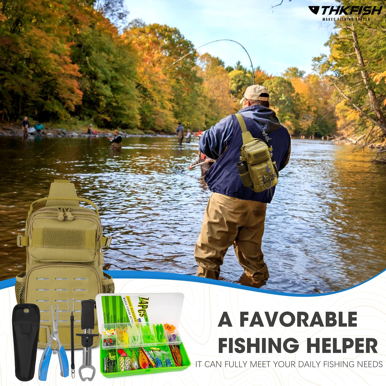 THKFISH Juego de 79 bolsas de pesca, mochila impermeable con cajas, bolsa de pesca, incluye alicates, cebos, removedor de anzuelos y agarre de labios