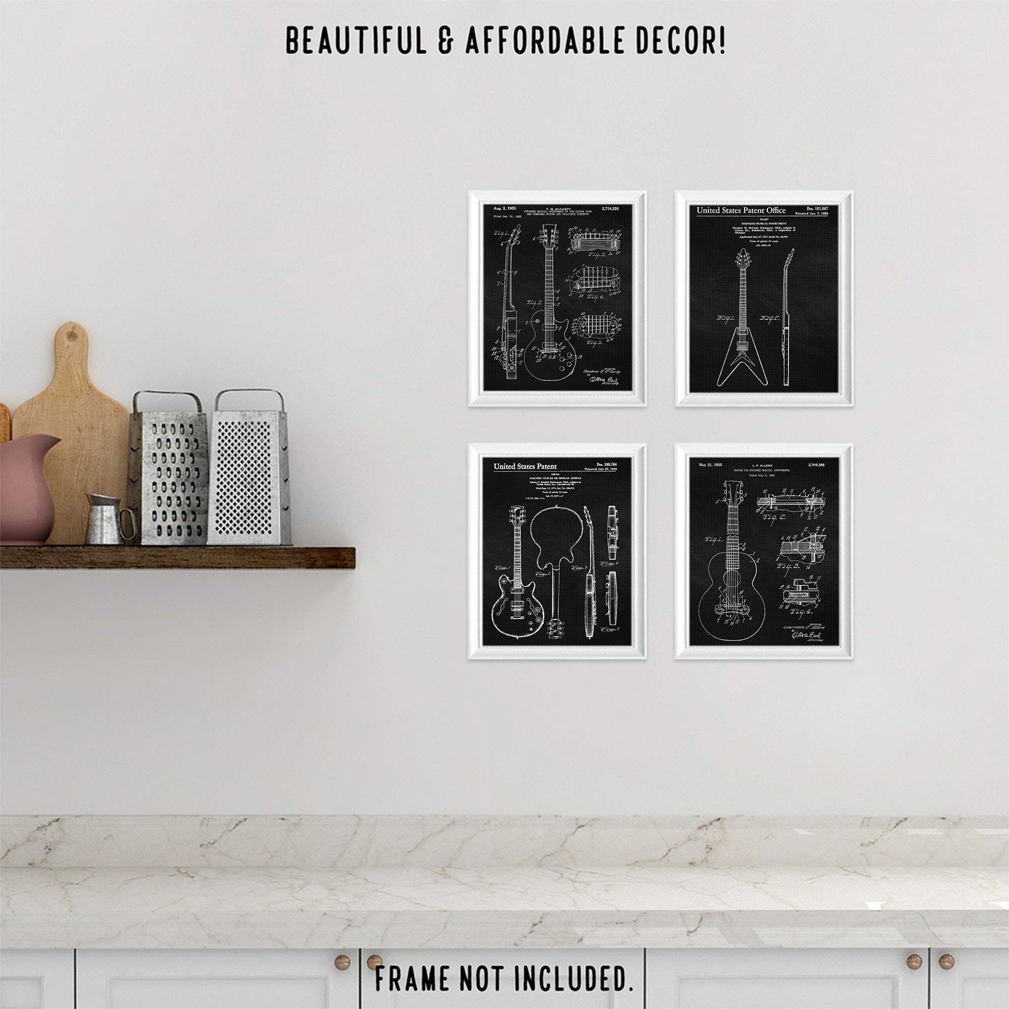 Vintage Strings Guitar Patent Prints, 4 (8x10) Unframed Photos, Wall Art Decor Gift for Home Gibson Office Man Cave Gears Garage College Student Teacher School Rock Roll Concert Band Music Fans