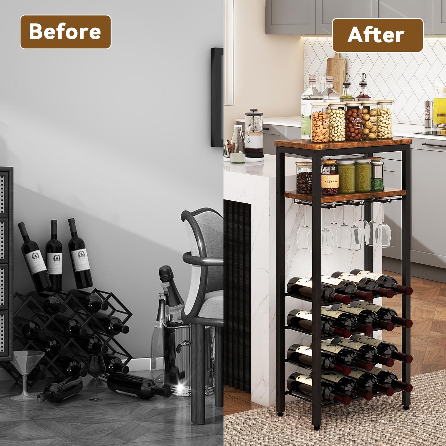 Estantes de vino independientes para piso, soporte para botellas de licor, gabinete de vino para 16 botellas con soporte para vidrio, soporte para vino, mini mesa de bar de vino para sala de 9