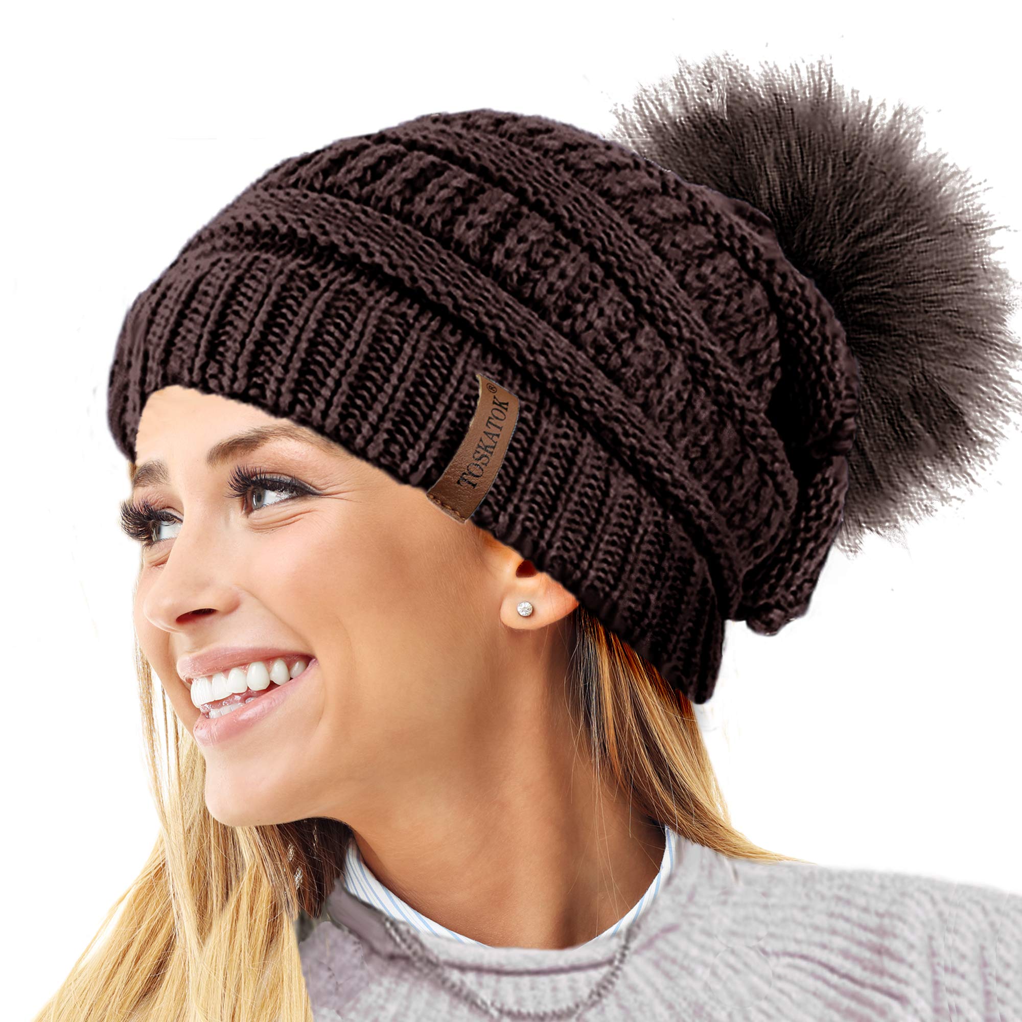 Toskatok Women's Chocolate Toskatok® Textured Knit Beanie Hat With Detachable Faux Fur Pom Pom - Buy With 1 2 Pom Poms…