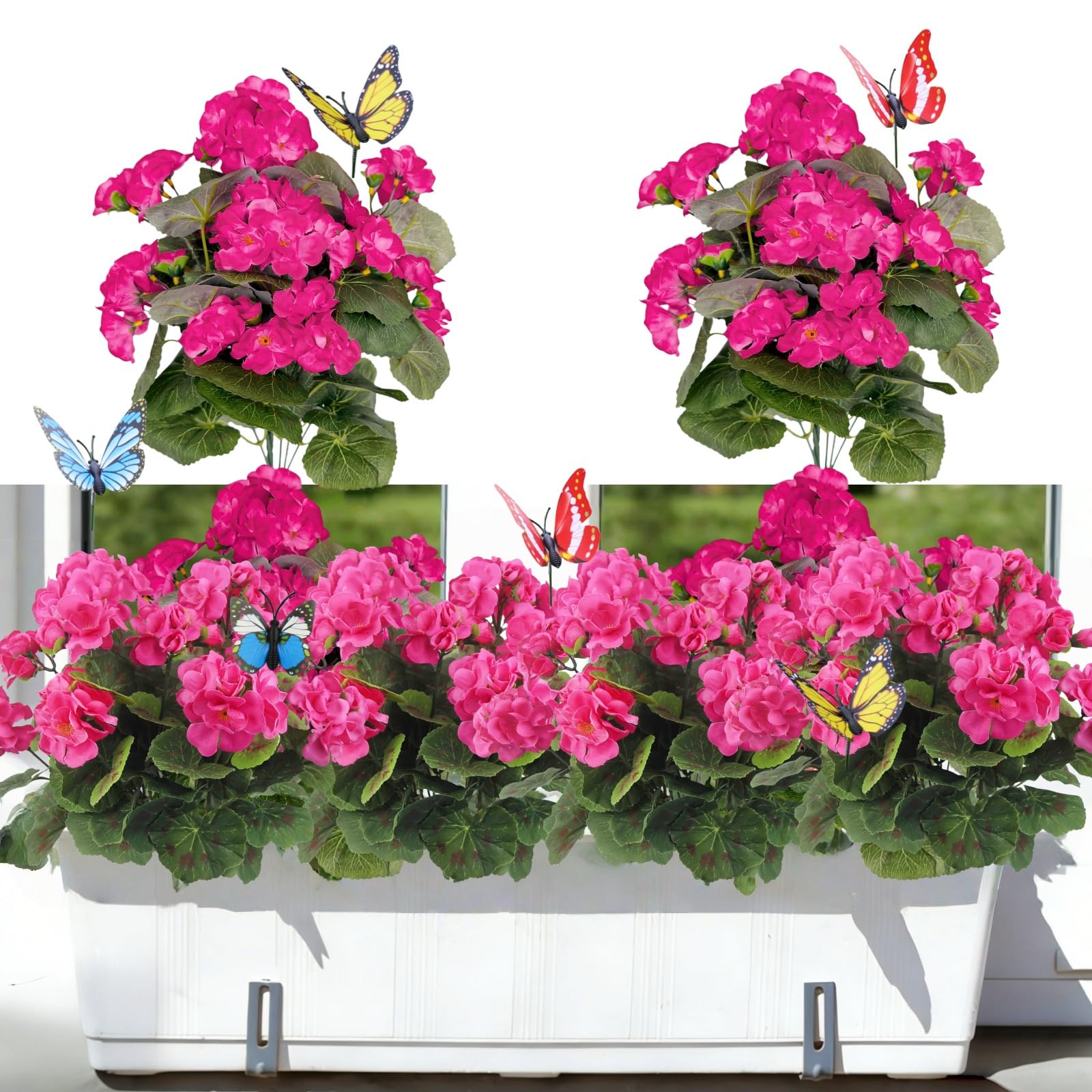 4 paquetes de flores artificiales geranios plantas de imitación para exteriores, primavera y verano, decoración de flores de seda falsas, resistentes a los rayos UV, plantas interiores para