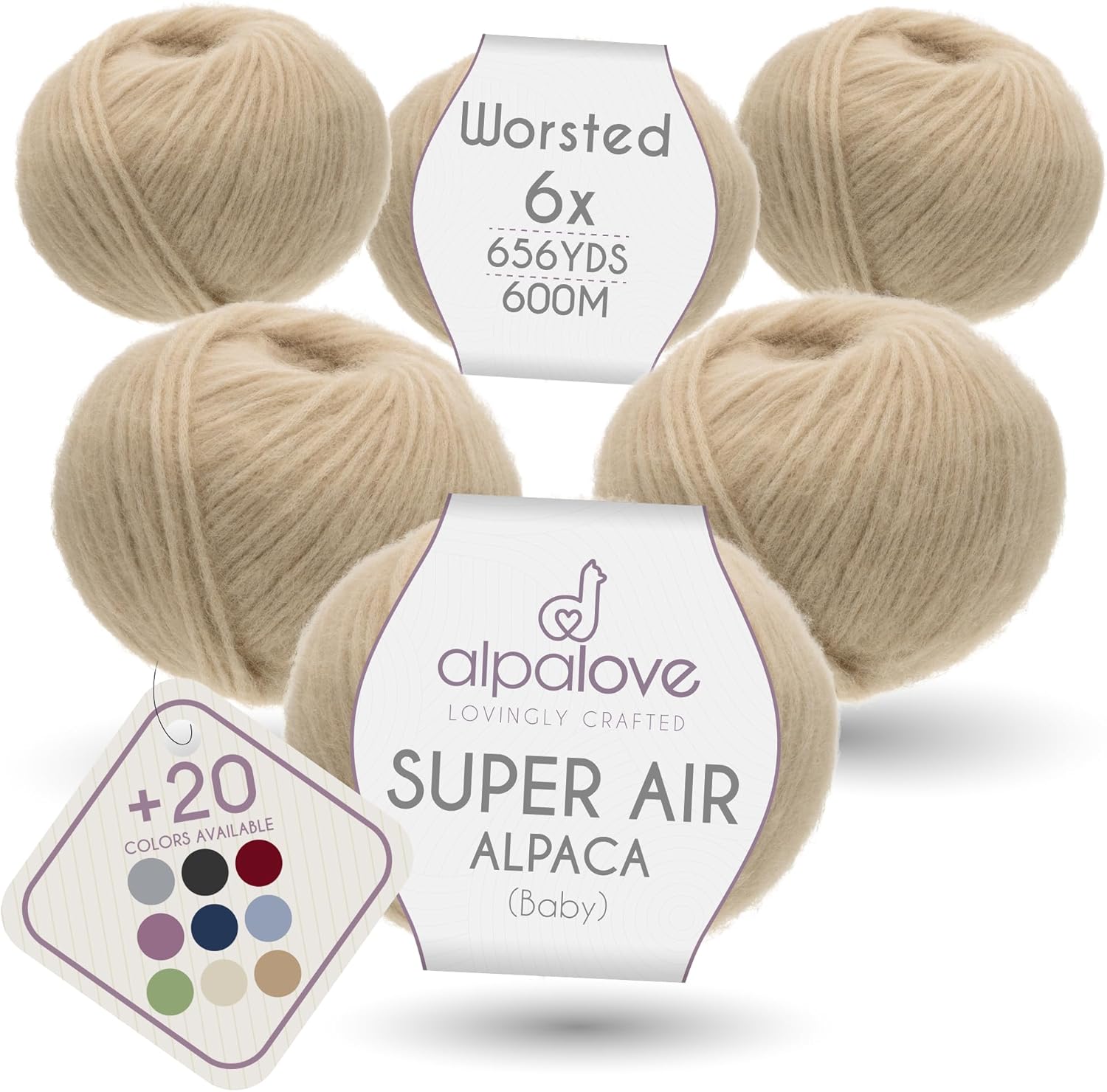 Super Air Worsted 6-Set Baby Alpaca - Soft and Fast Hand Knitting Yarn 5.29 oz/ 656 Yards - NFA02 Beige