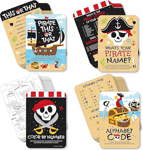 Big Dot of Happiness Pirate Ship Adventures - 4 juegos de fiesta de cumpleaños de calavera - 10 tarjetas cada uno - Paquete Gamerific