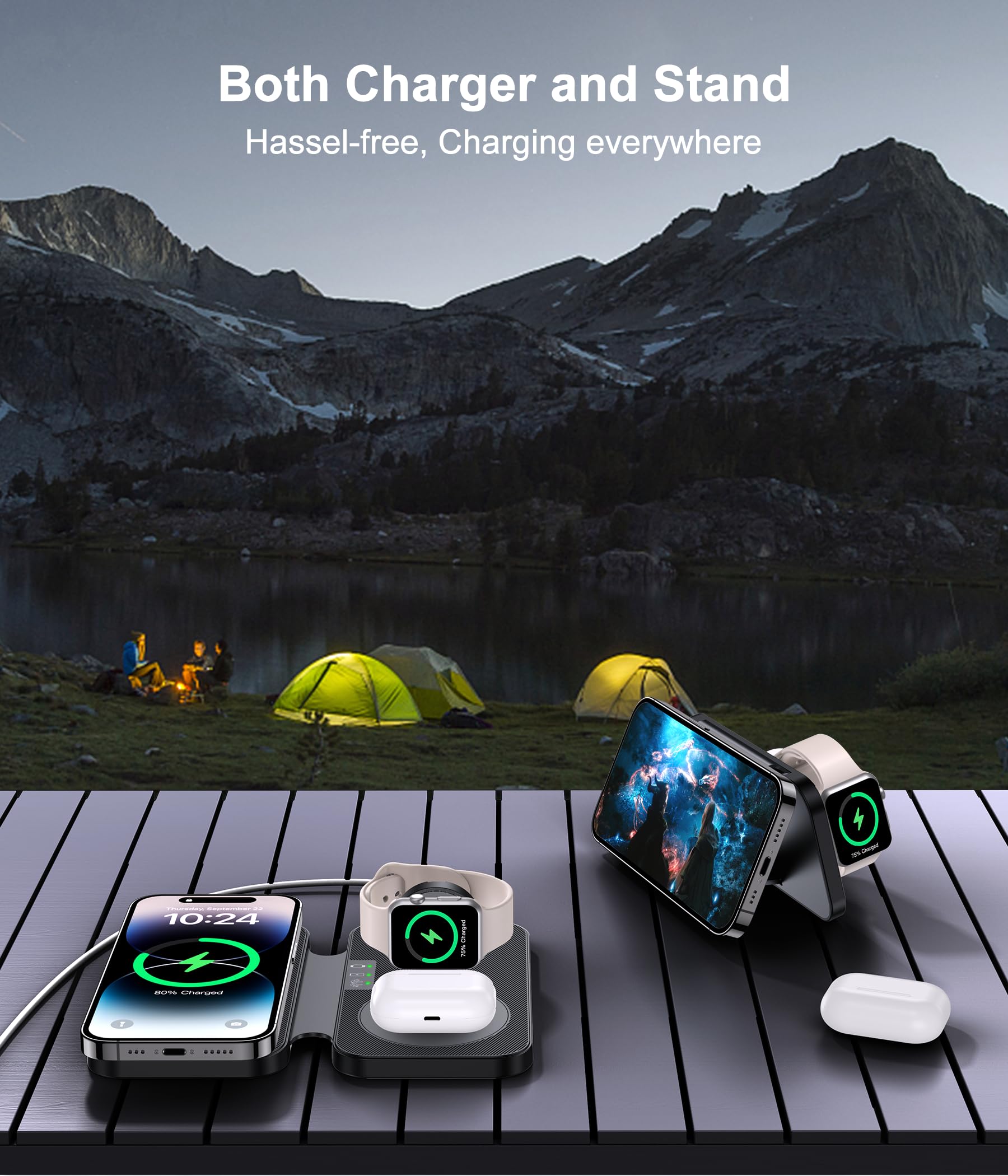 Mag-Safe bezprzewodowa ładowarka 3 w 1, 15 W, składana, indukcyjna stacja ładująca do iPhone 15/14/13/12, Apple Watch i Air Pods, bezprzewodowa ładowarka z ładowarką USB C
