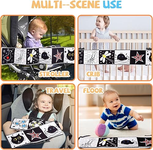 Miniatura 6 de Libro de alto contraste en blanco y negro, juguetes para bebés de 0 a 6 meses, libro de tela para bebé, juguetes para el tiempo boca abajo, juguetes