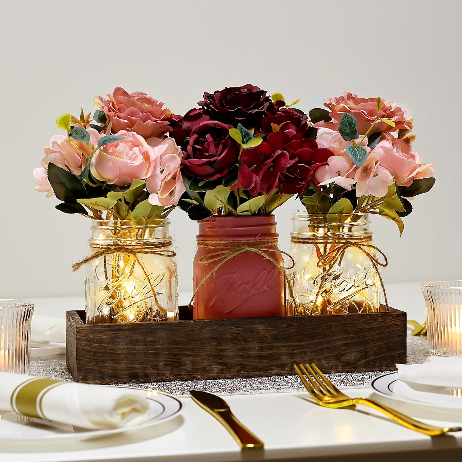 Mason Jar Centerpiece Table Decor for Dining Room Farmhouse Coffee Table Decor with Wood Tray Fairy Lights Fake Flowers for Valentine's Day Kitchen Living Dining Room - Burgundy Pink, 11 inches - Image 3