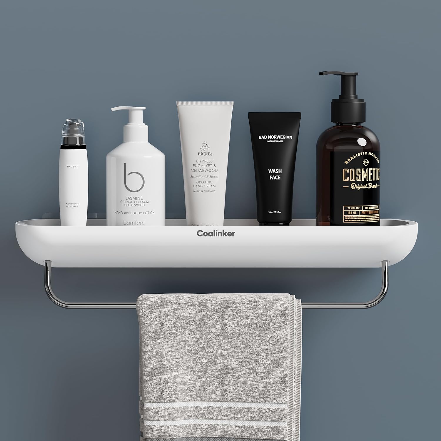 Shower Shelf with Towel Bar- Modern Bathroom Organizers Storage Self Adhesive Strong- Caddy Stick to Wall Mounted Rack- No Drilling Rustproof Plastic Acrylic White- Home Apartment