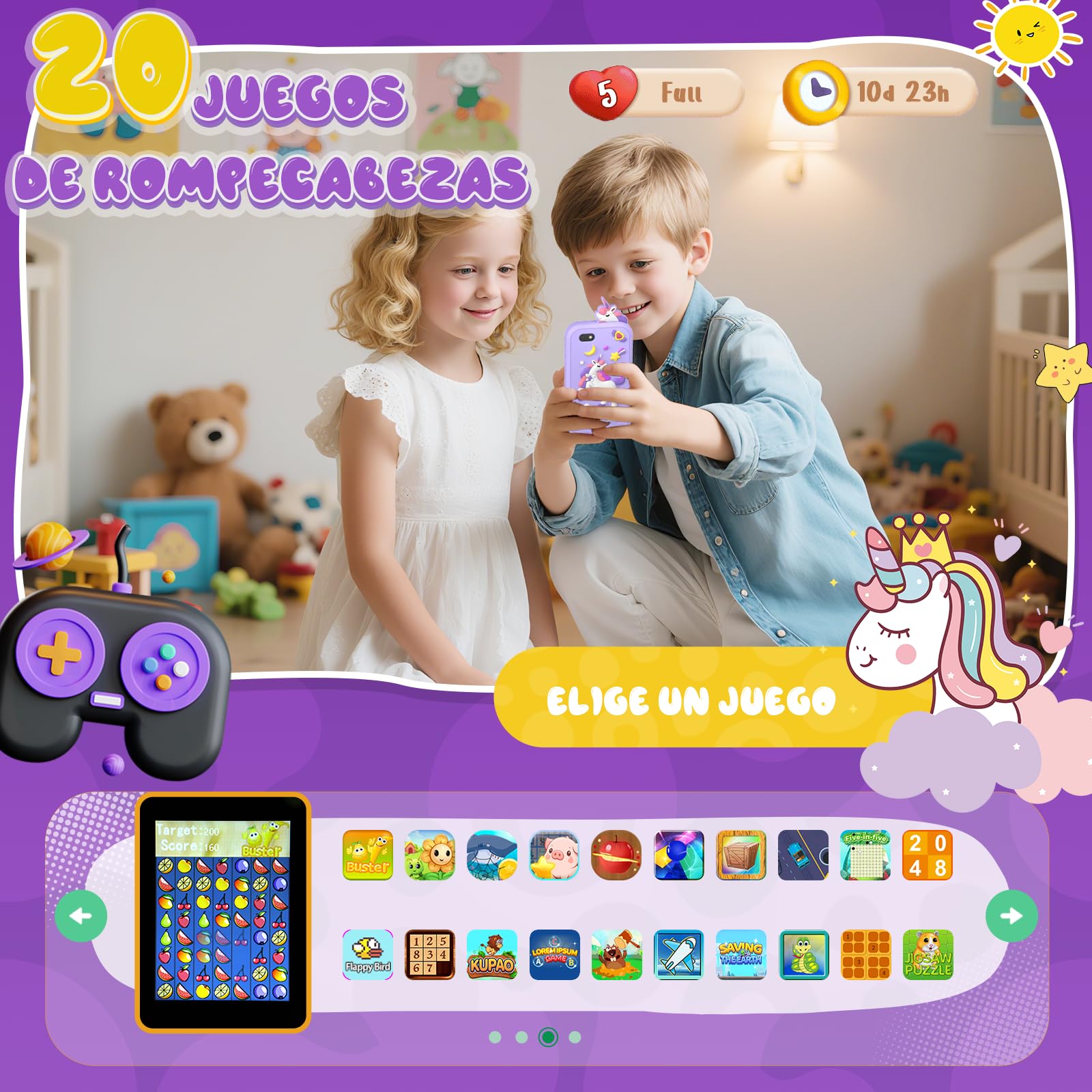 Fippesax Kinder Handy Smartphone Spielzeug, Dualkamera, 8G SD Karte, MP3 Player, 20 Lernspiele, für 3-9 Jahre (Lila)