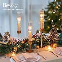 Vista 2 de Hewory Gold Hurricane Candle Holders: Brass Candlestick Holders Set of 3 Tall Taper Candle Holders for Candlesticks Candle Sticks Holder Decor for