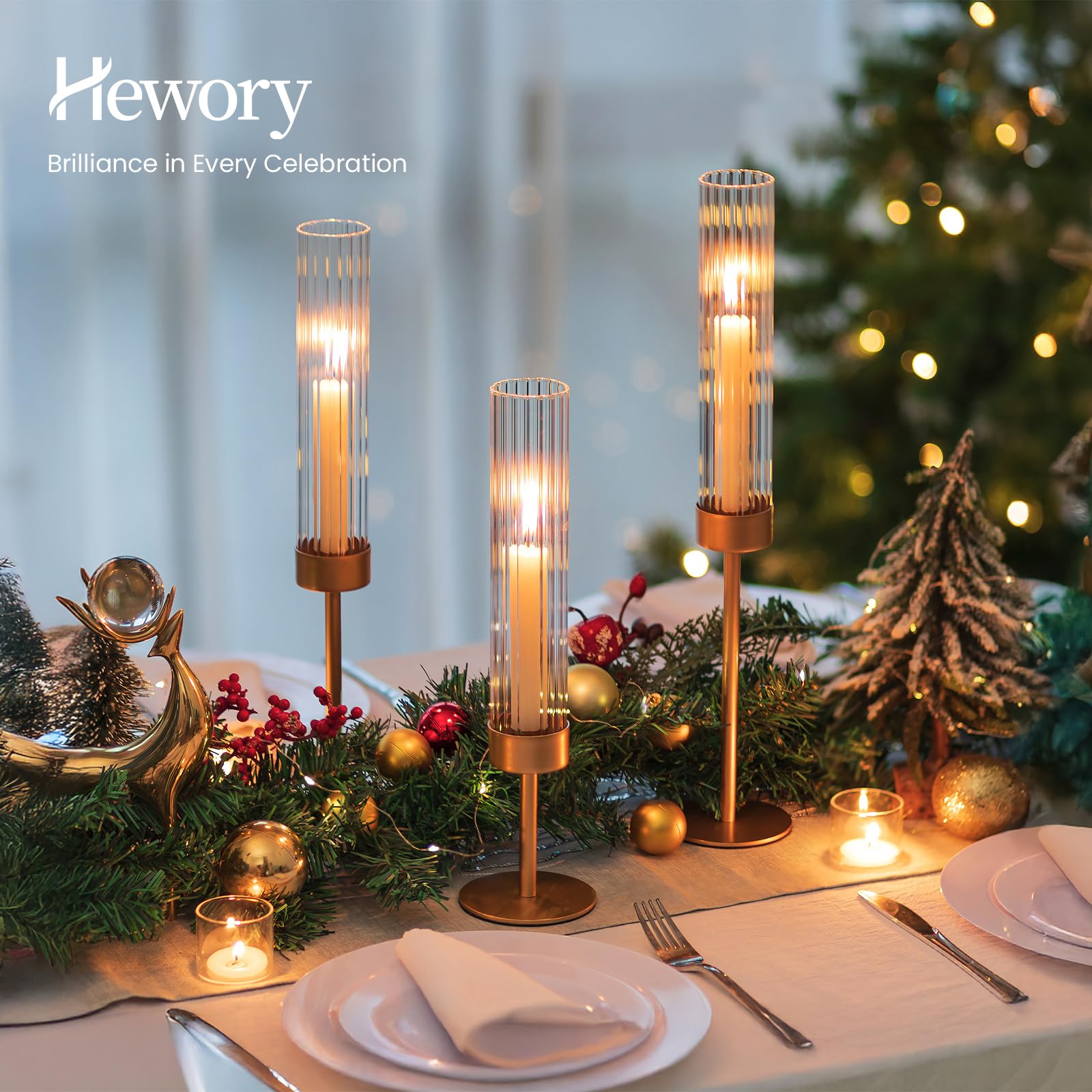 Hewory Bougeoir doré ouragan : 3 bougeoirs pour décoration